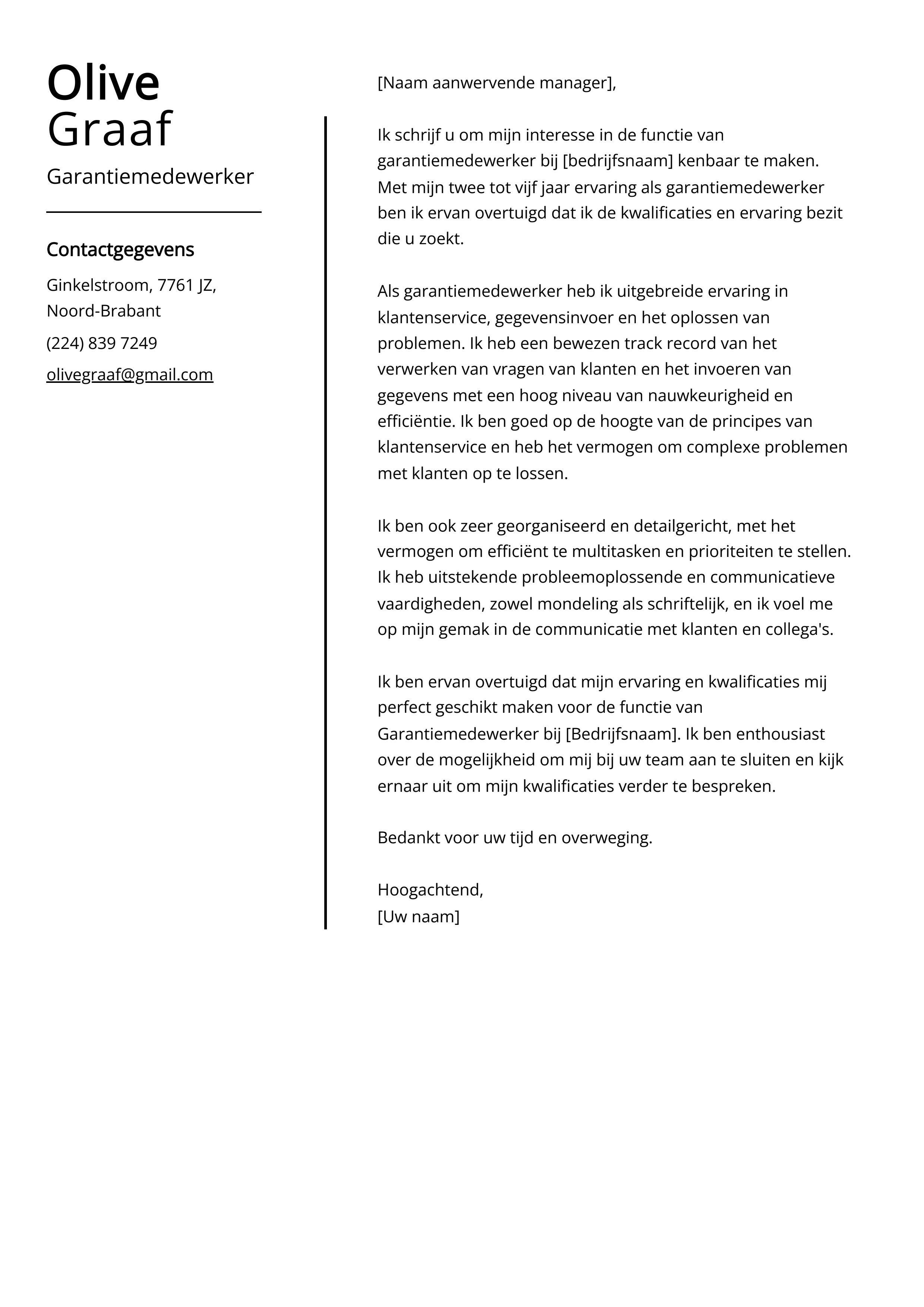 Garantiemedewerker Sollicitatiebrief Voorbeeld