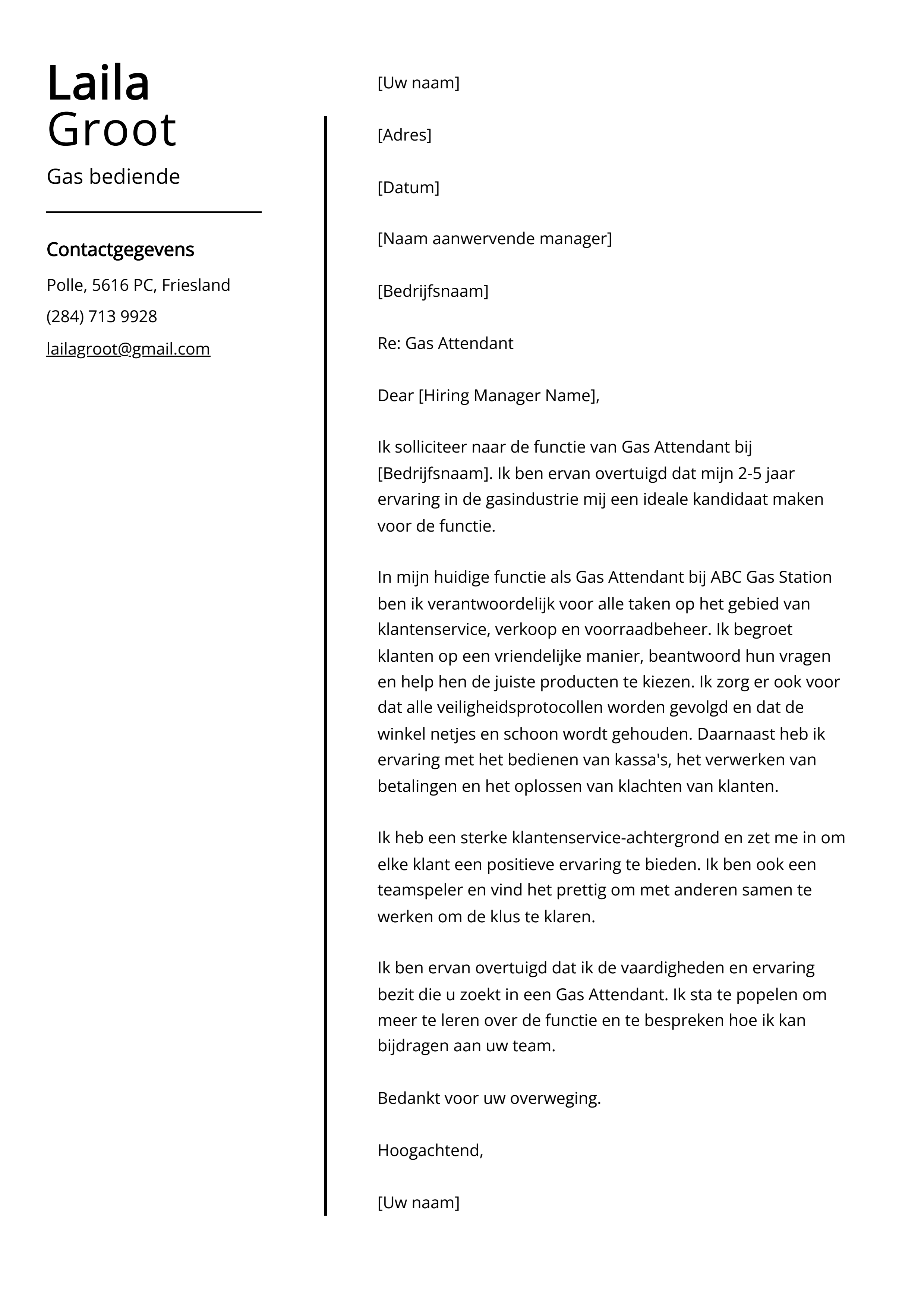 Gas bediende Cover Letter Voorbeeld