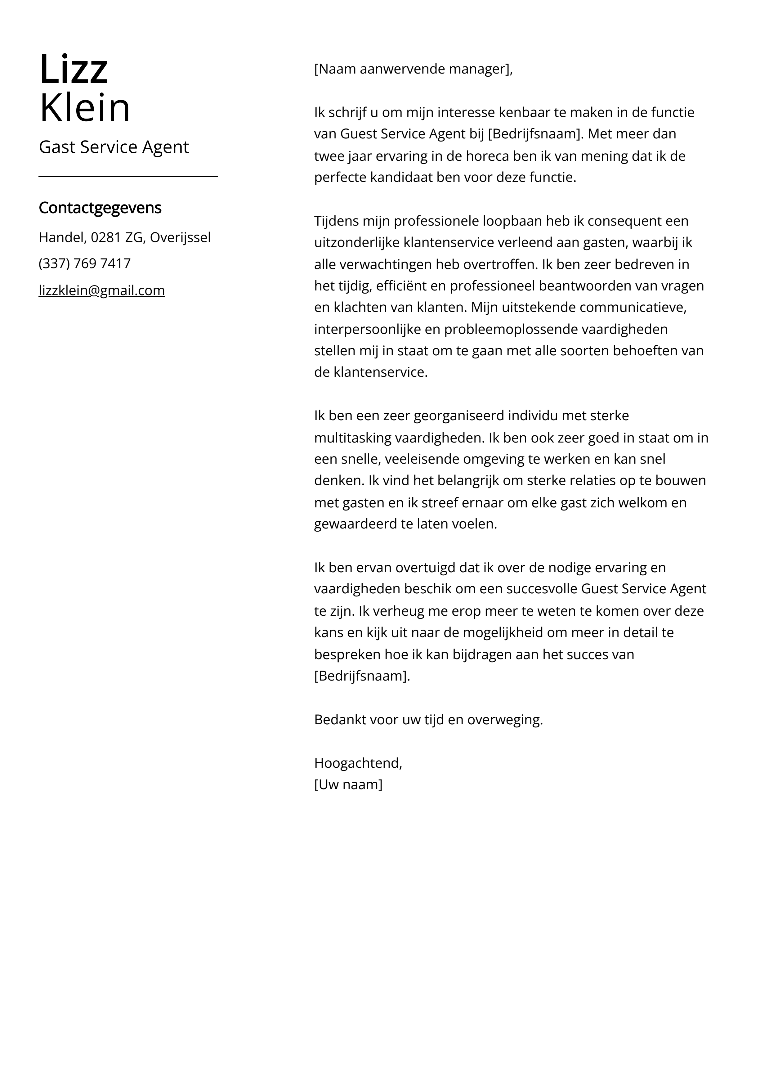 Gast Servicemedewerker Voorbeeld sollicitatiebrief