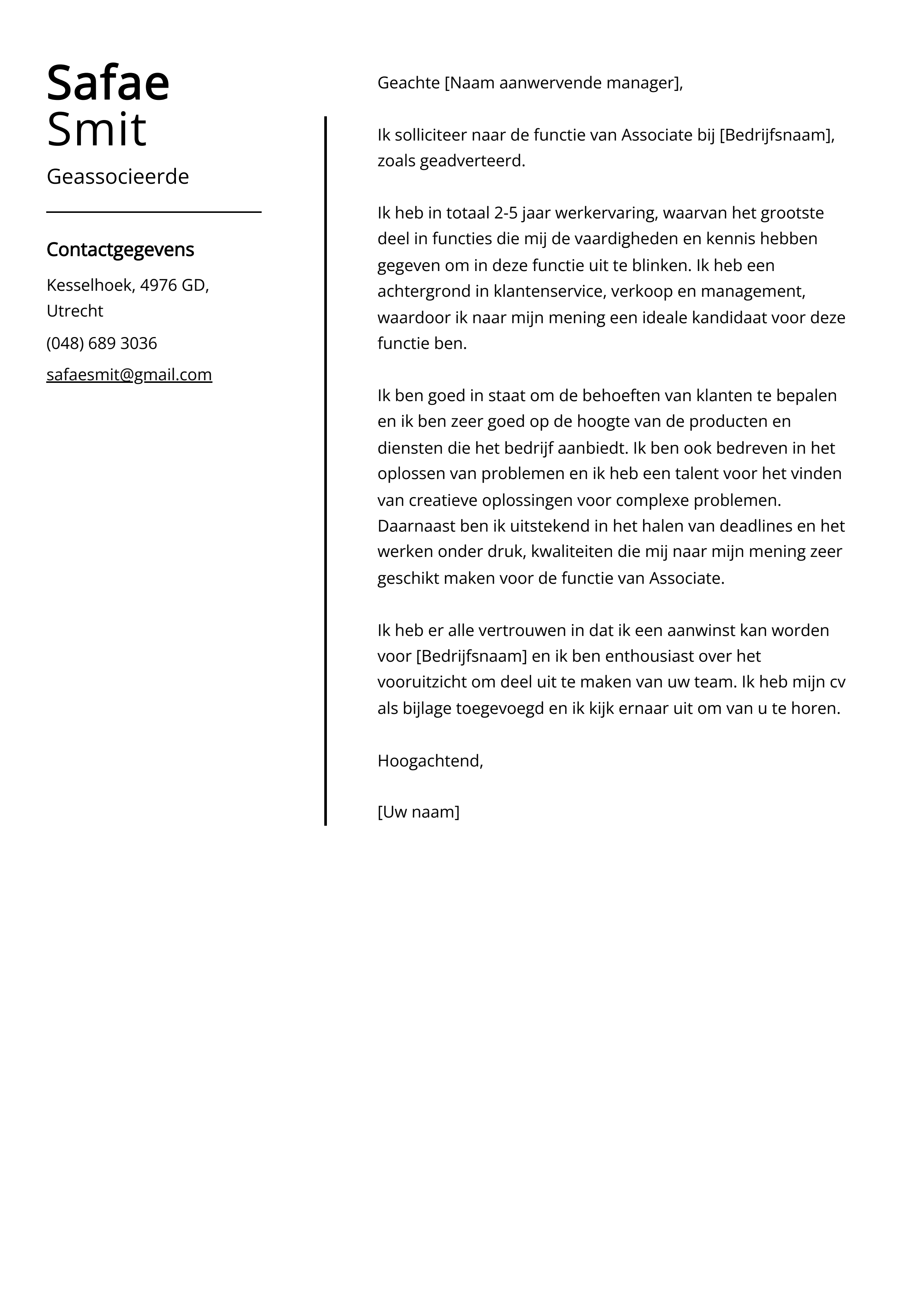 Geassocieerde sollicitatiebrief voorbeeld