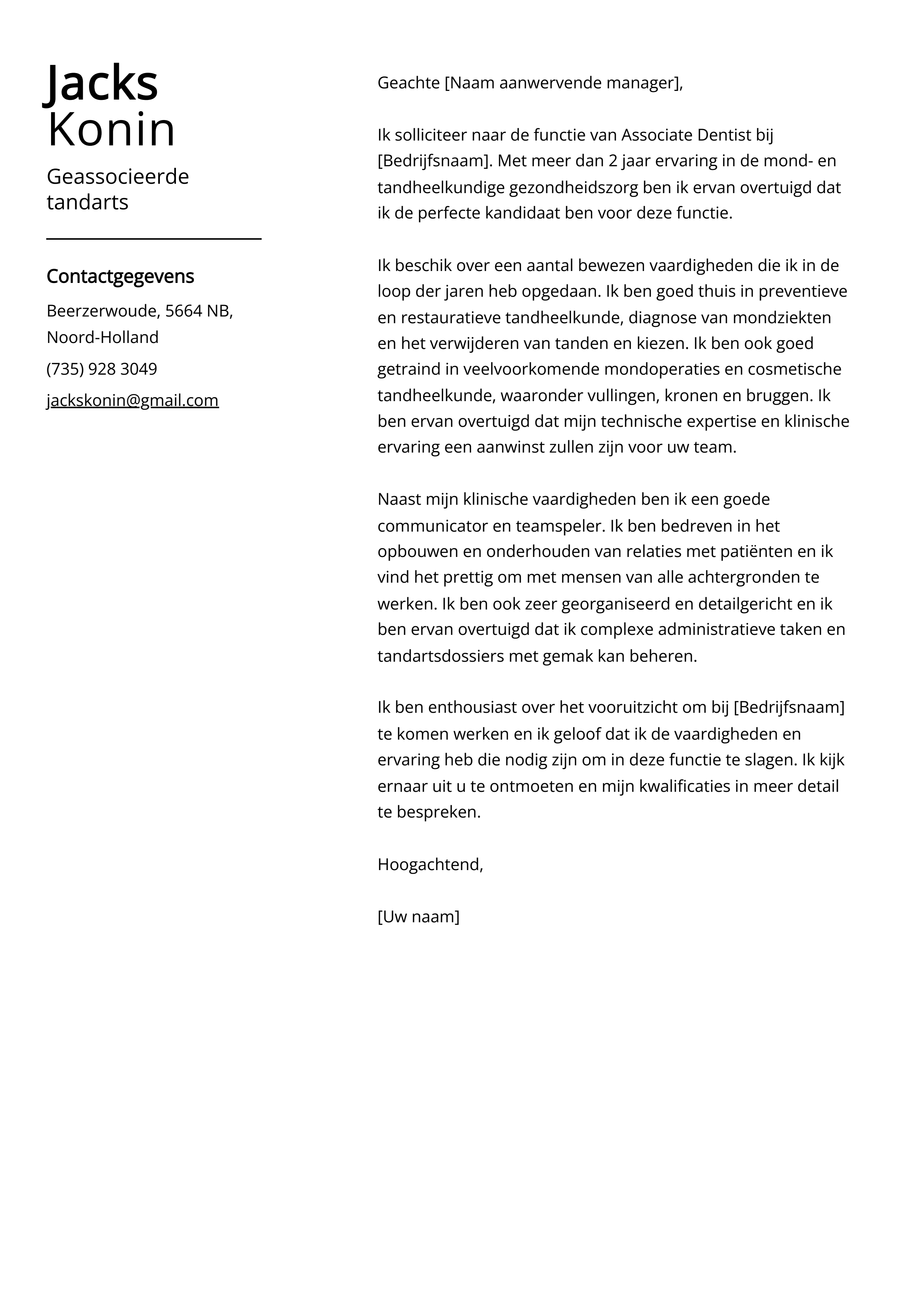 Geassocieerde tandarts Voorbeeld sollicitatiebrief