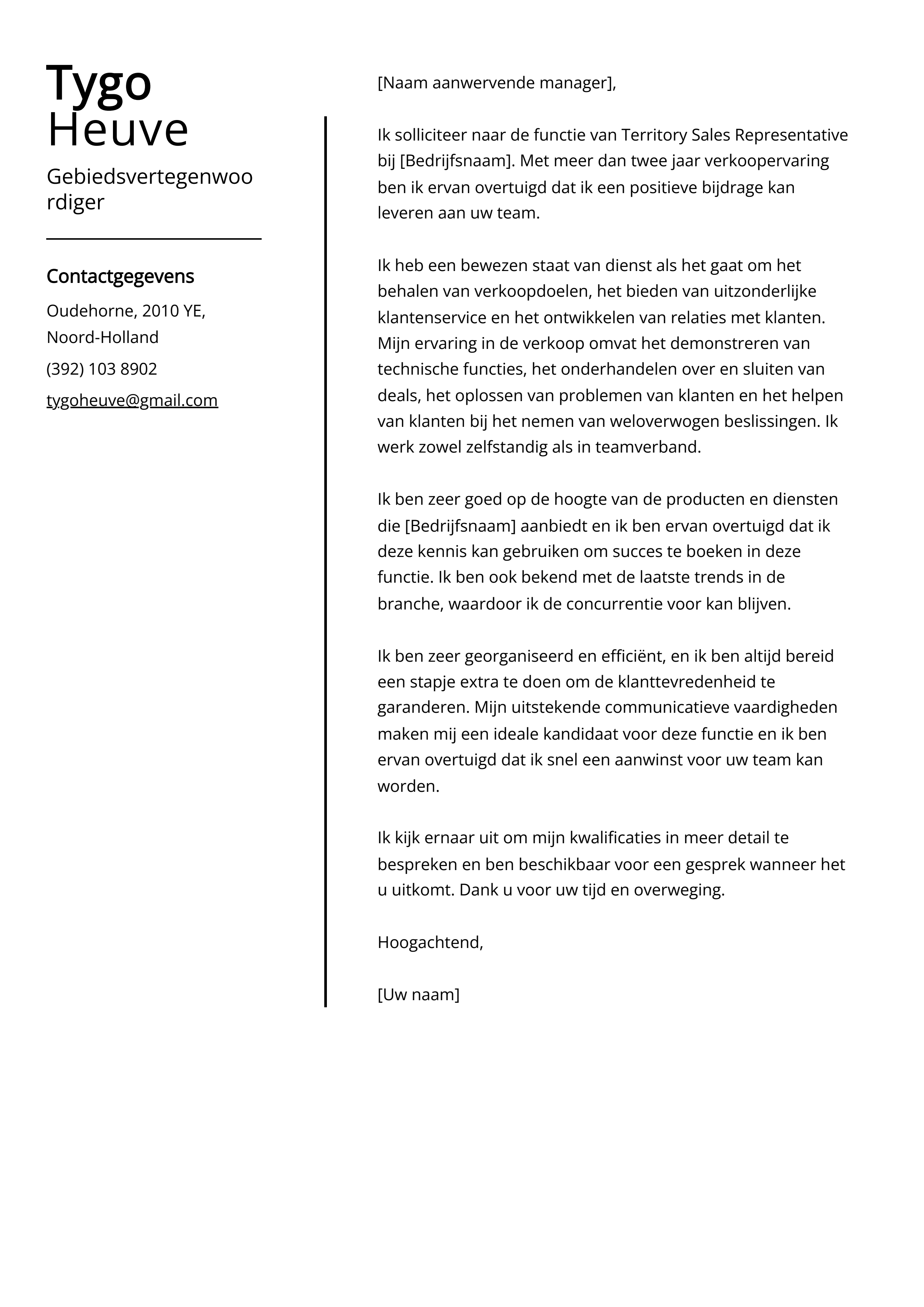 Gebiedsvertegenwoordiger Voorbeeld sollicitatiebrief