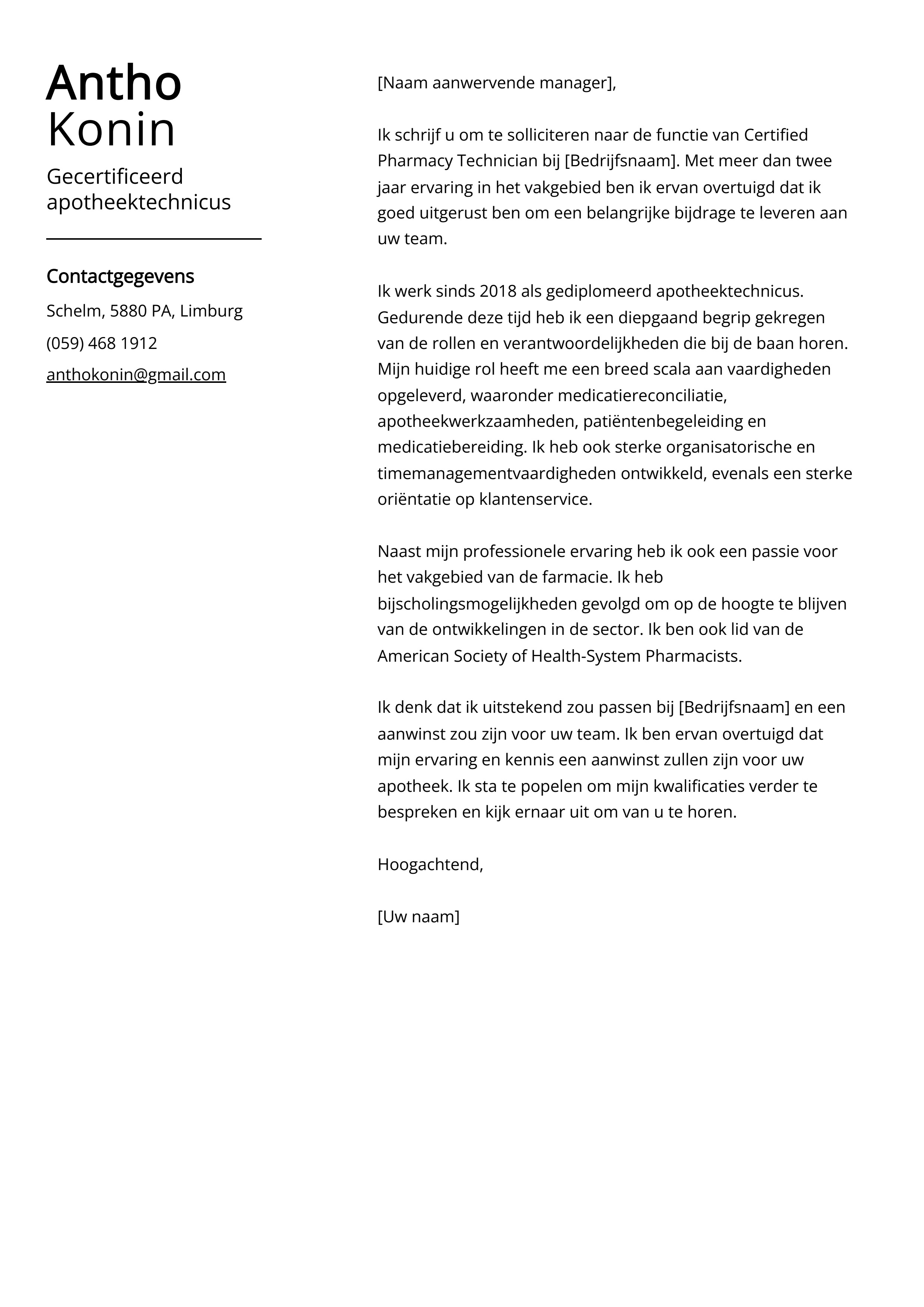 Gecertificeerd apotheektechnicus sollicitatiebrief voorbeeld