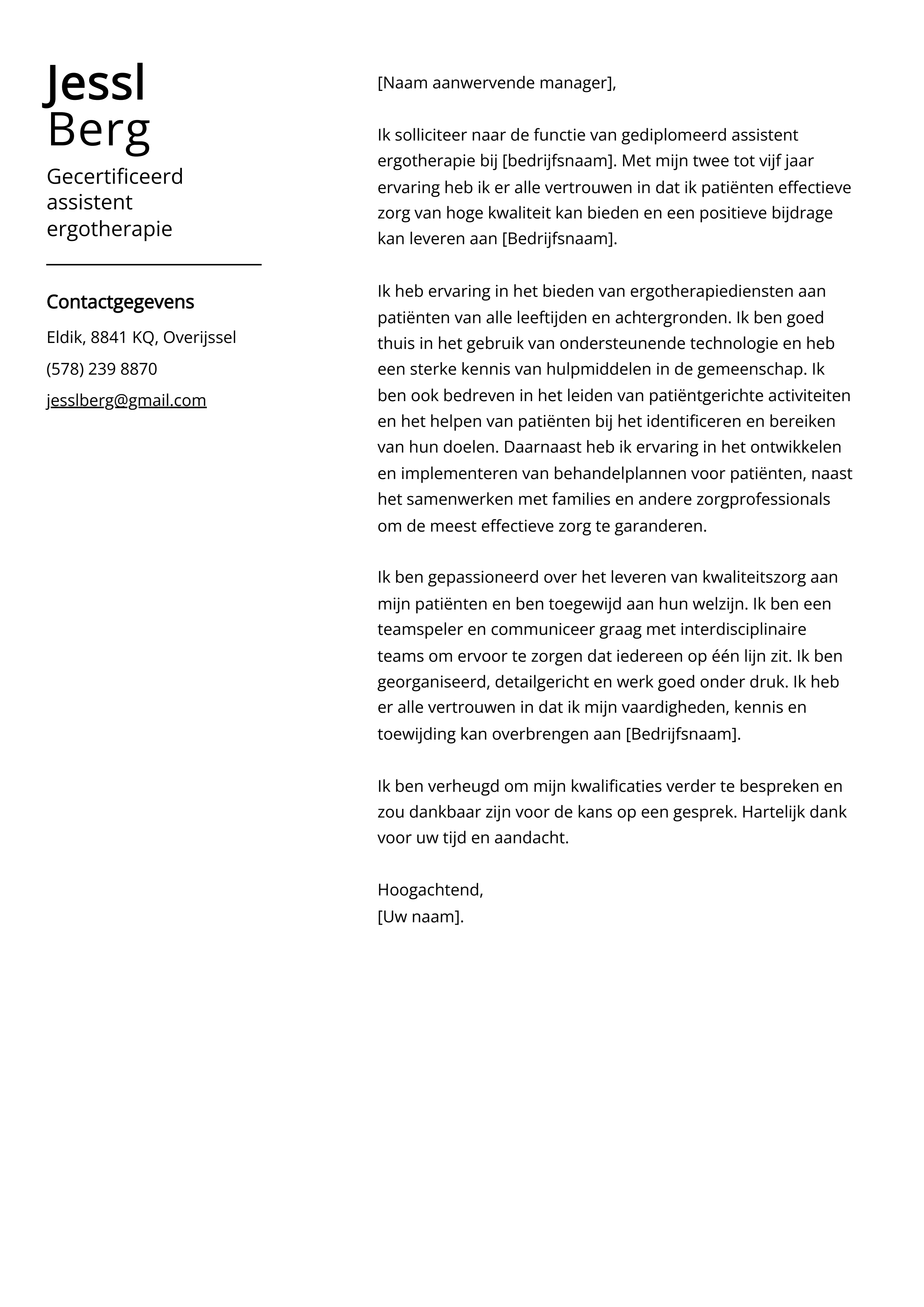 Gecertificeerd assistent ergotherapie Cover Letter Voorbeeld