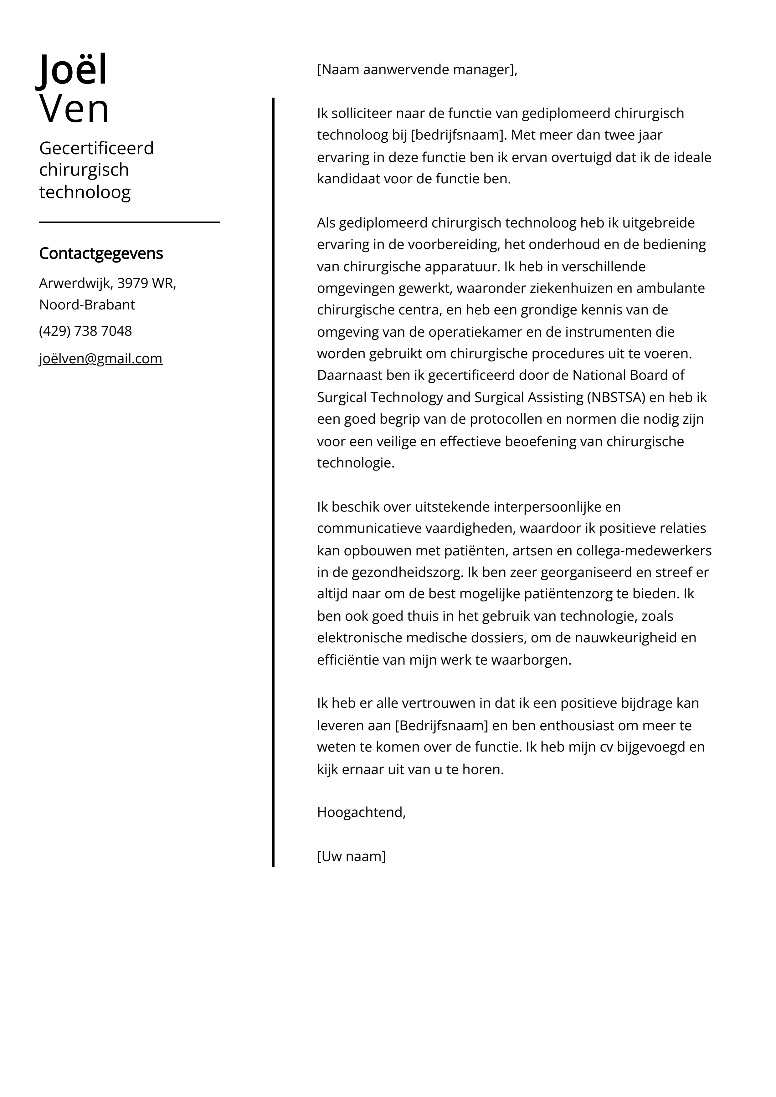 Gecertificeerd chirurgisch technoloog Voorbeeld sollicitatiebrief