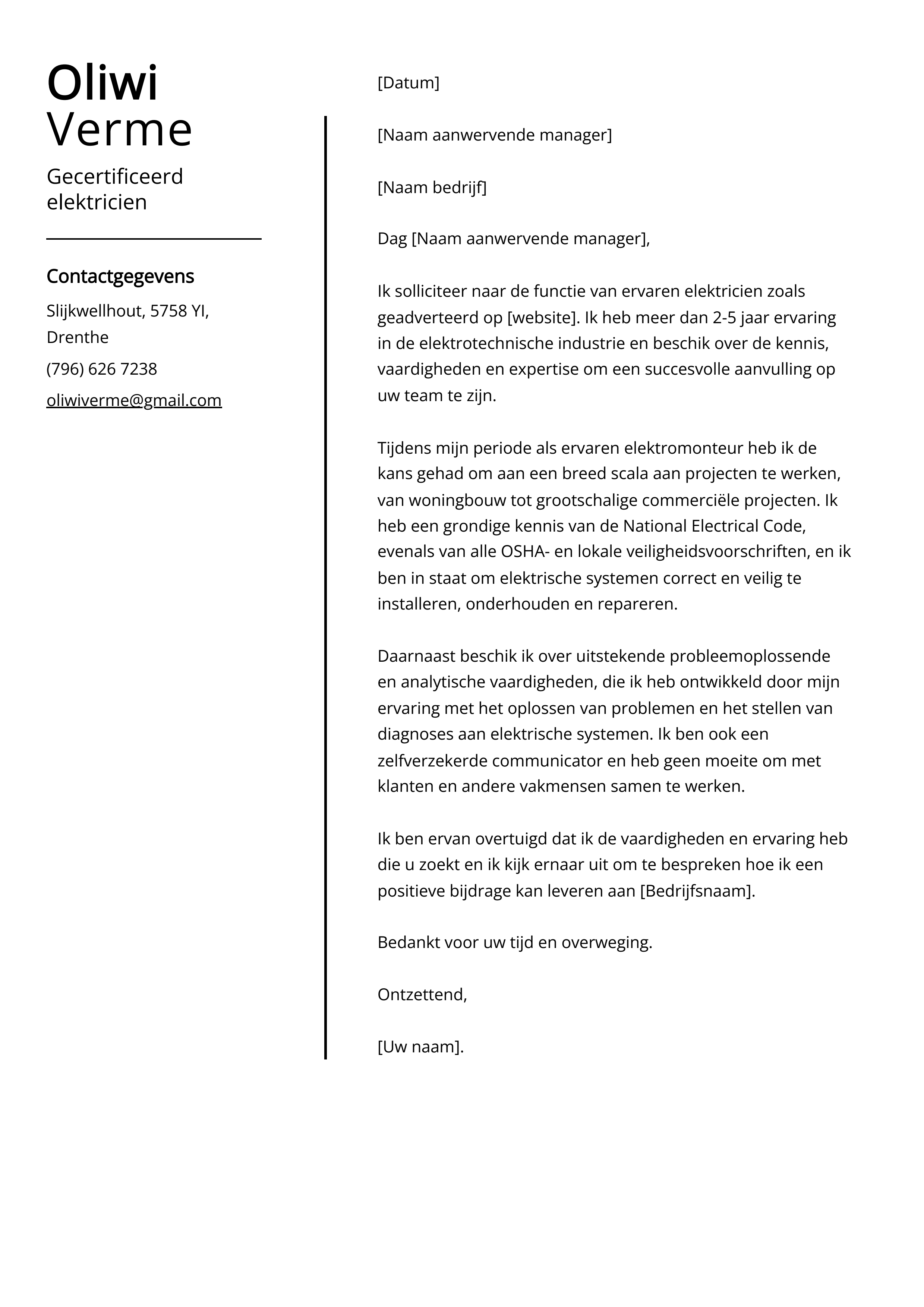 Gecertificeerd elektricien Sollicitatiebrief Voorbeeld