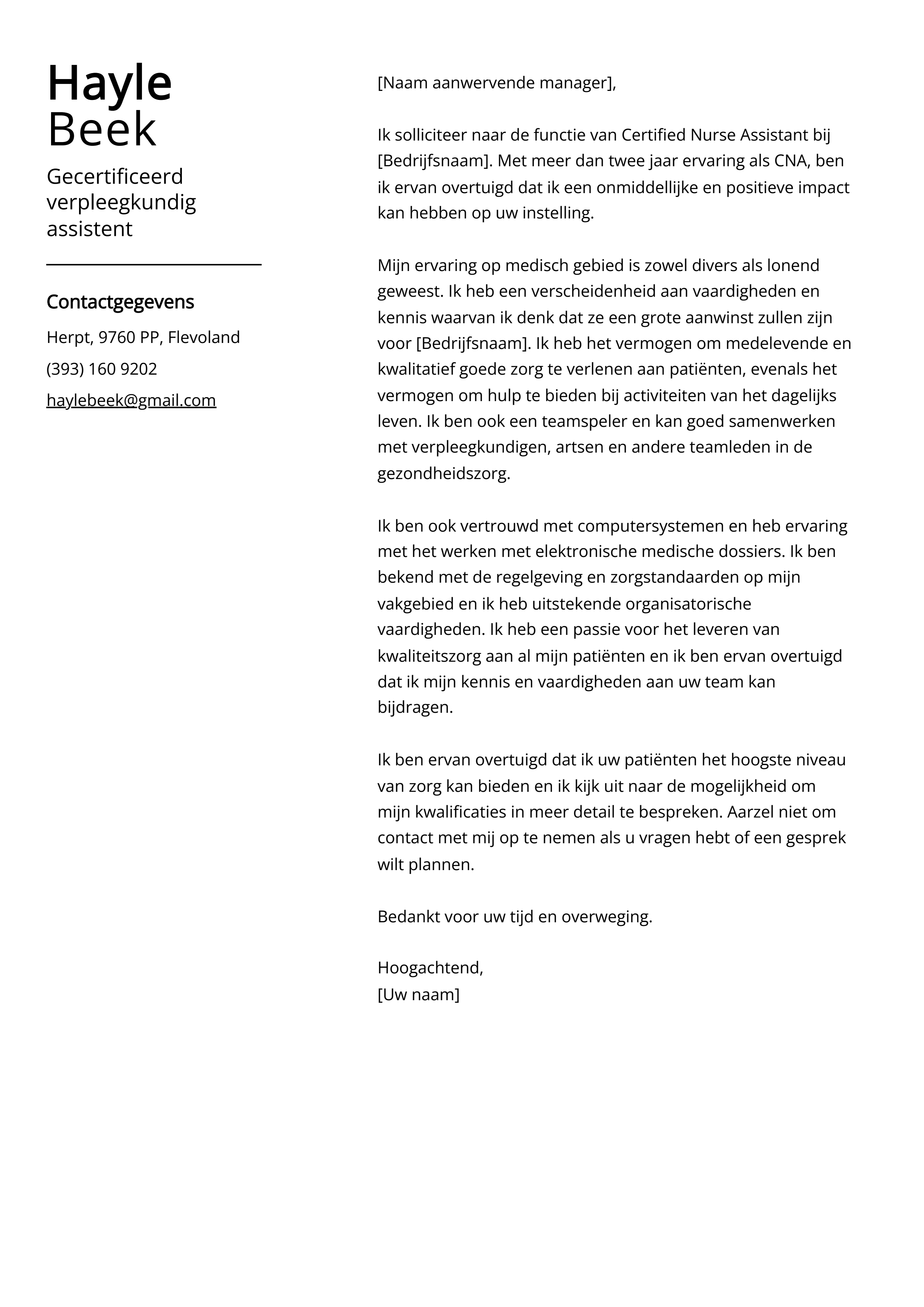 Gecertificeerd verpleegkundig assistent Voorbeeld sollicitatiebrief