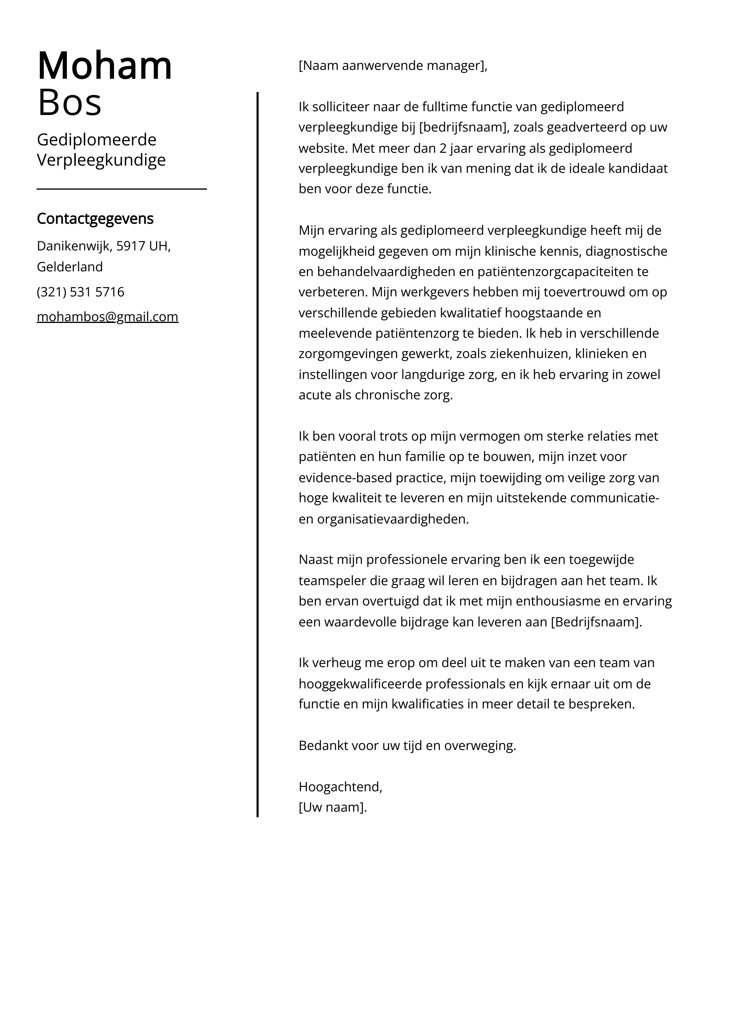 Gediplomeerde Verpleegkundige Sollicitatiebrief Voorbeeld