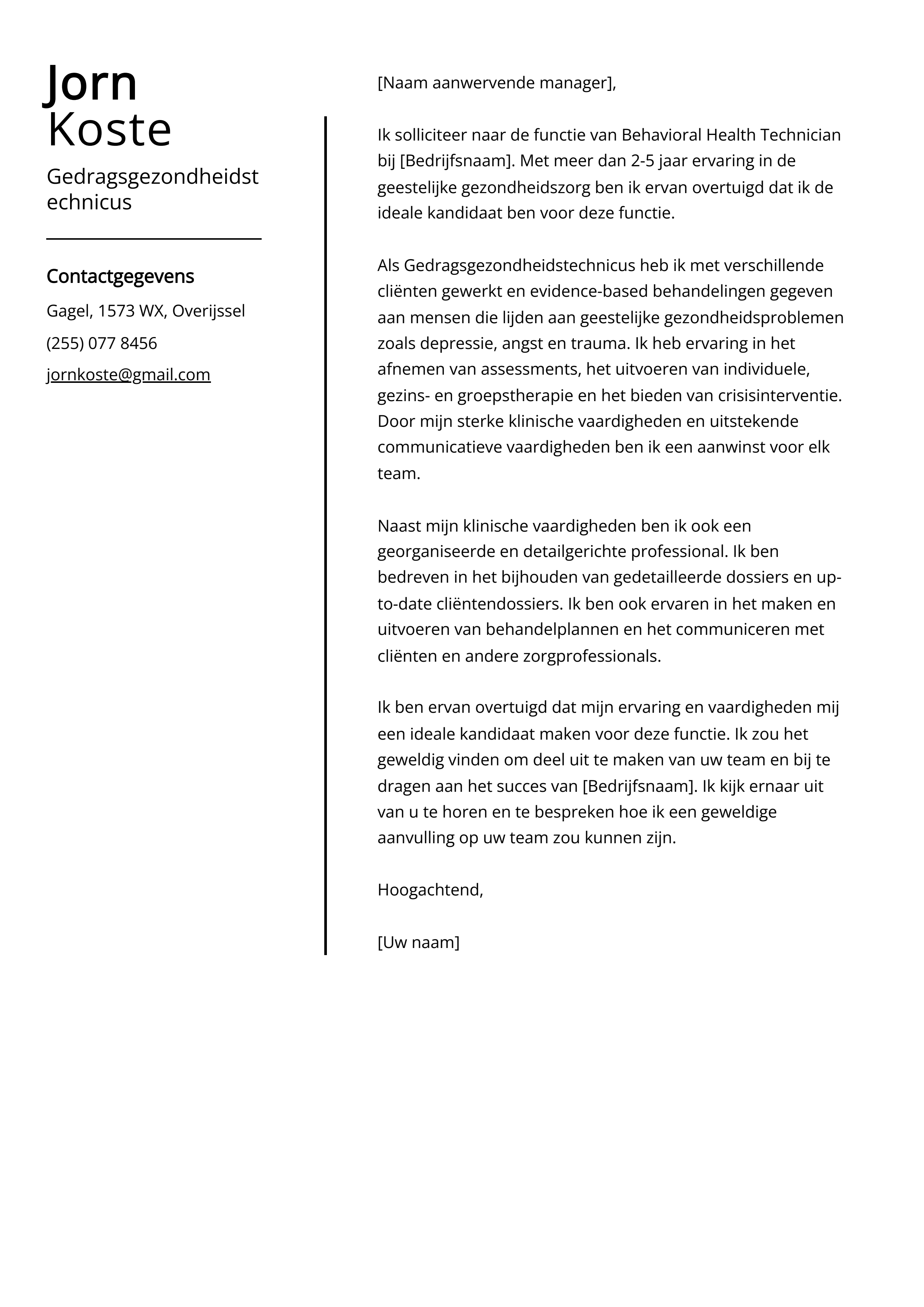 Gedragsgezondheidstechnicus Voorbeeld sollicitatiebrief