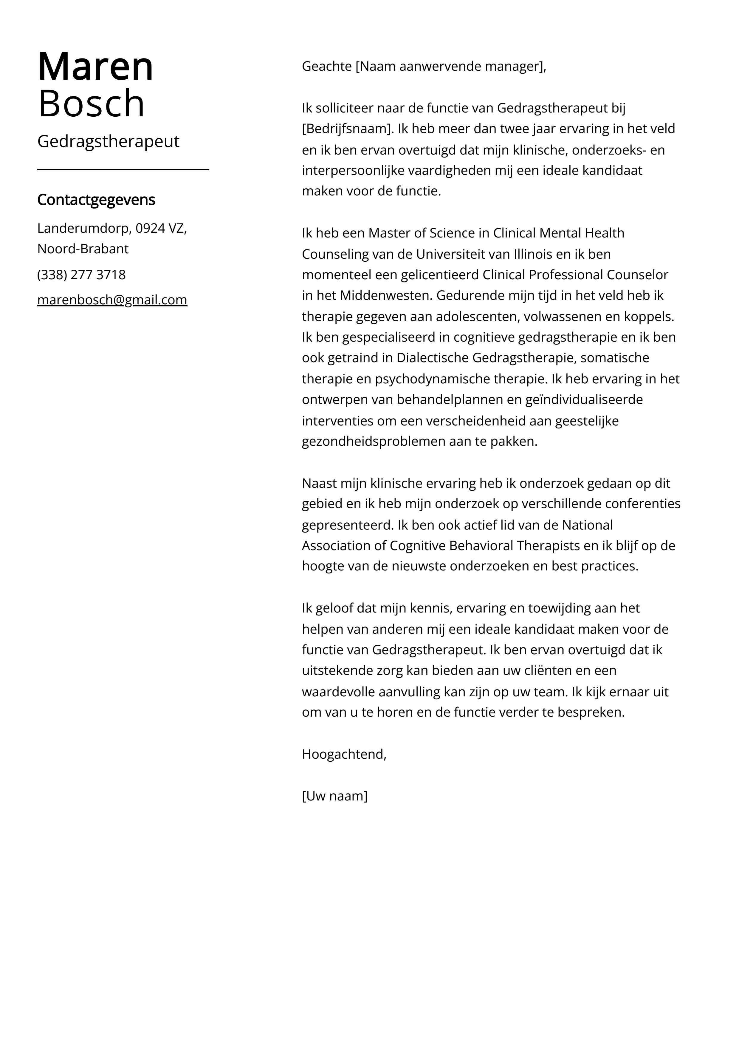 Gedragstherapeut Voorbeeld sollicitatiebrief