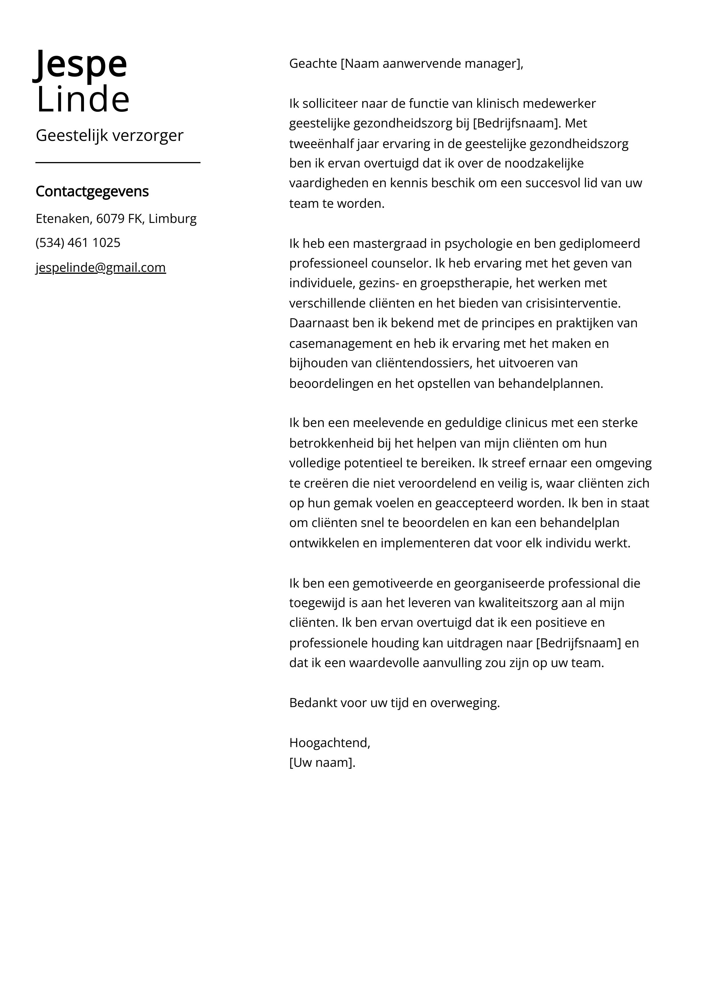 Geestelijk verzorger Sollicitatiebrief Voorbeeld