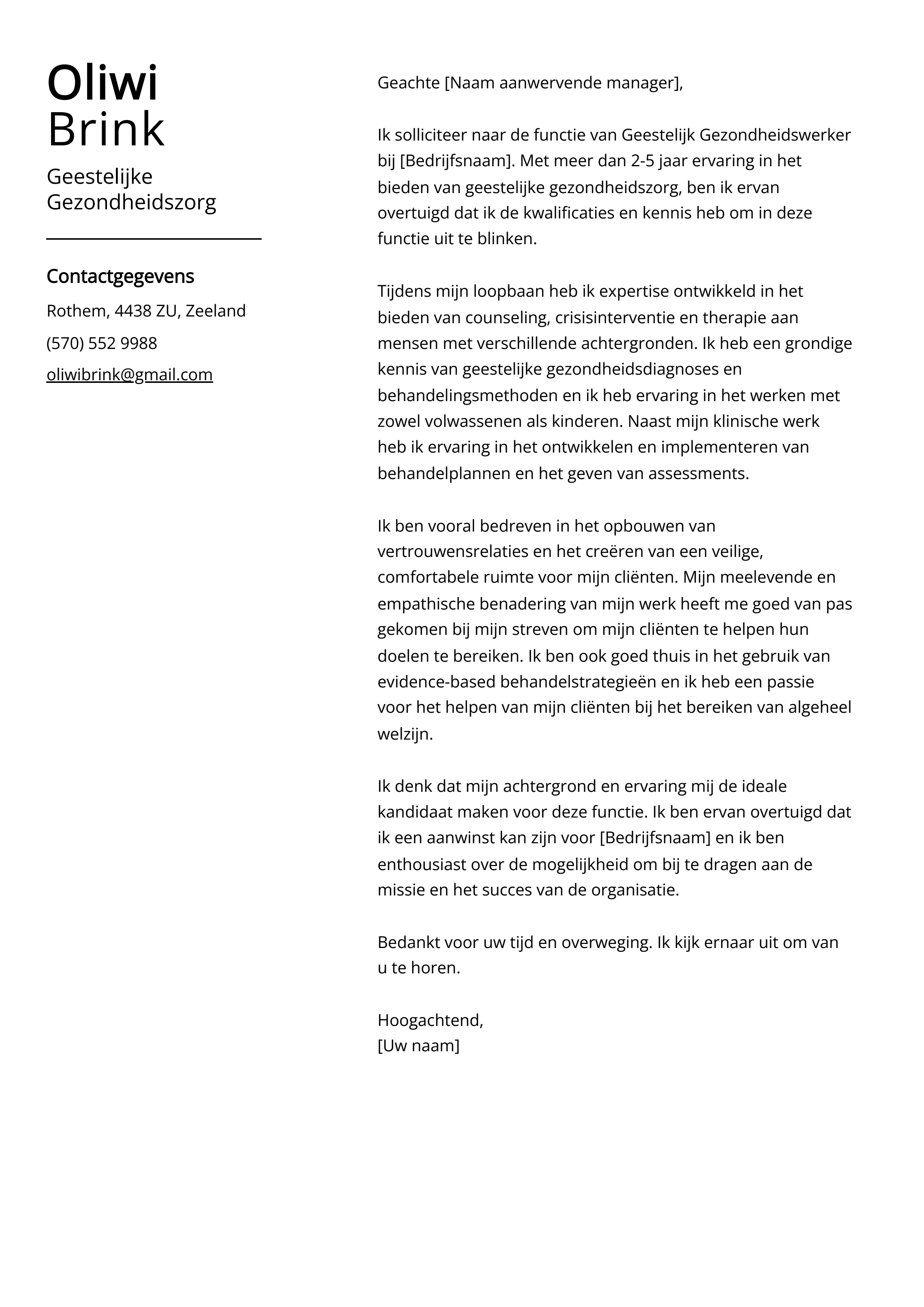 Geestelijke Gezondheidszorg Sollicitatiebrief Voorbeeld