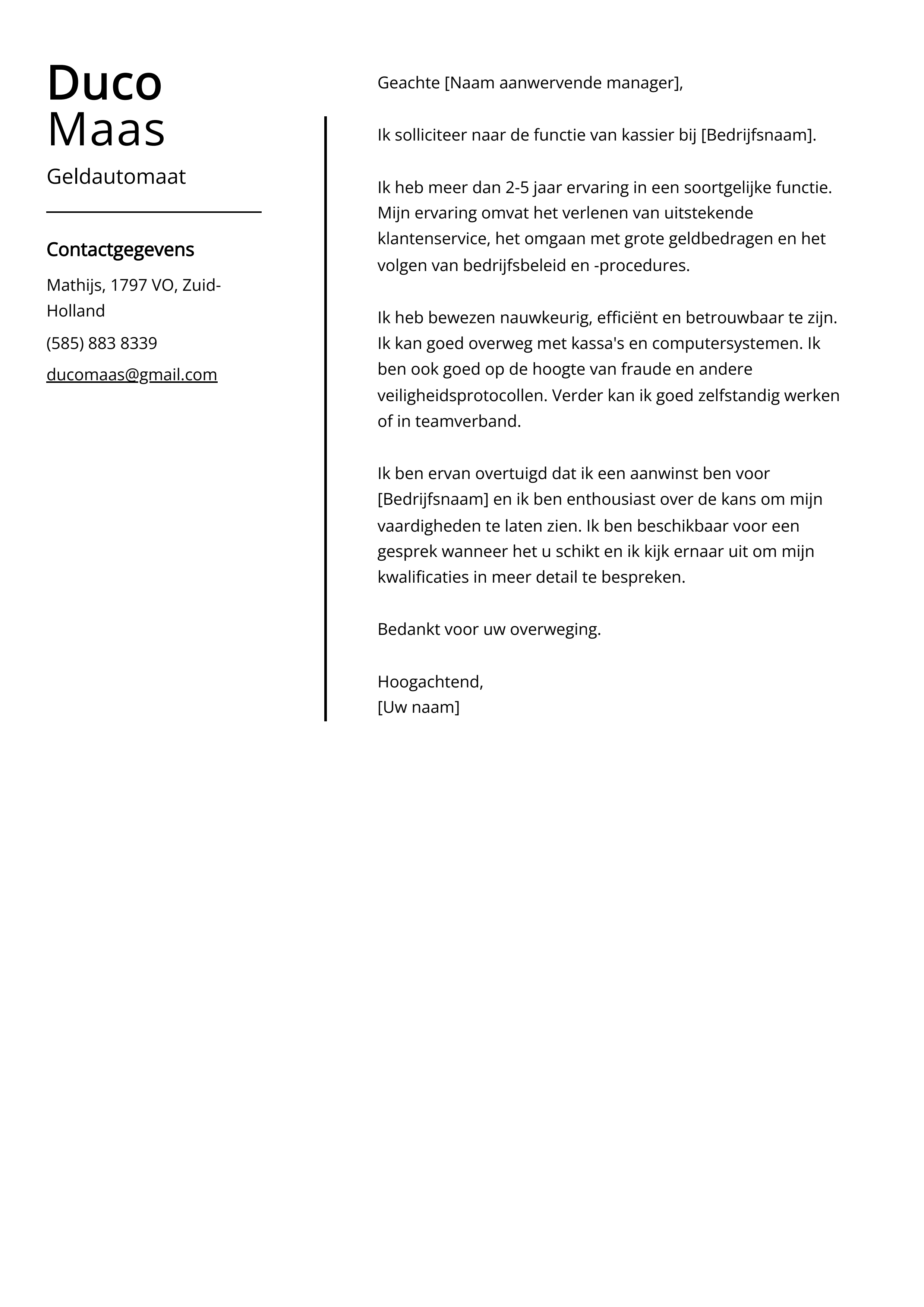 Geldautomaat Sollicitatiebrief Voorbeeld