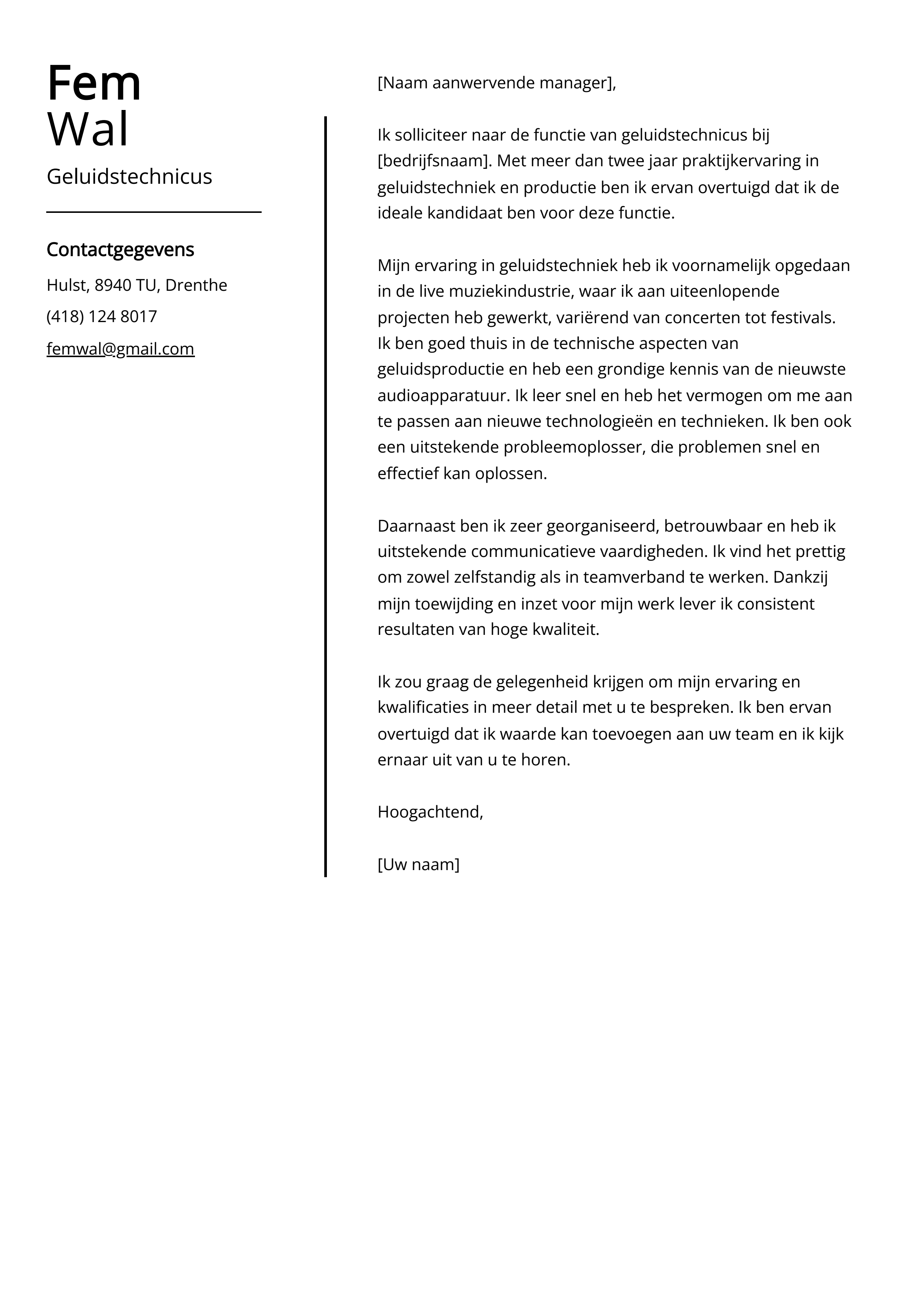 Geluidstechnicus Sollicitatiebrief Voorbeeld