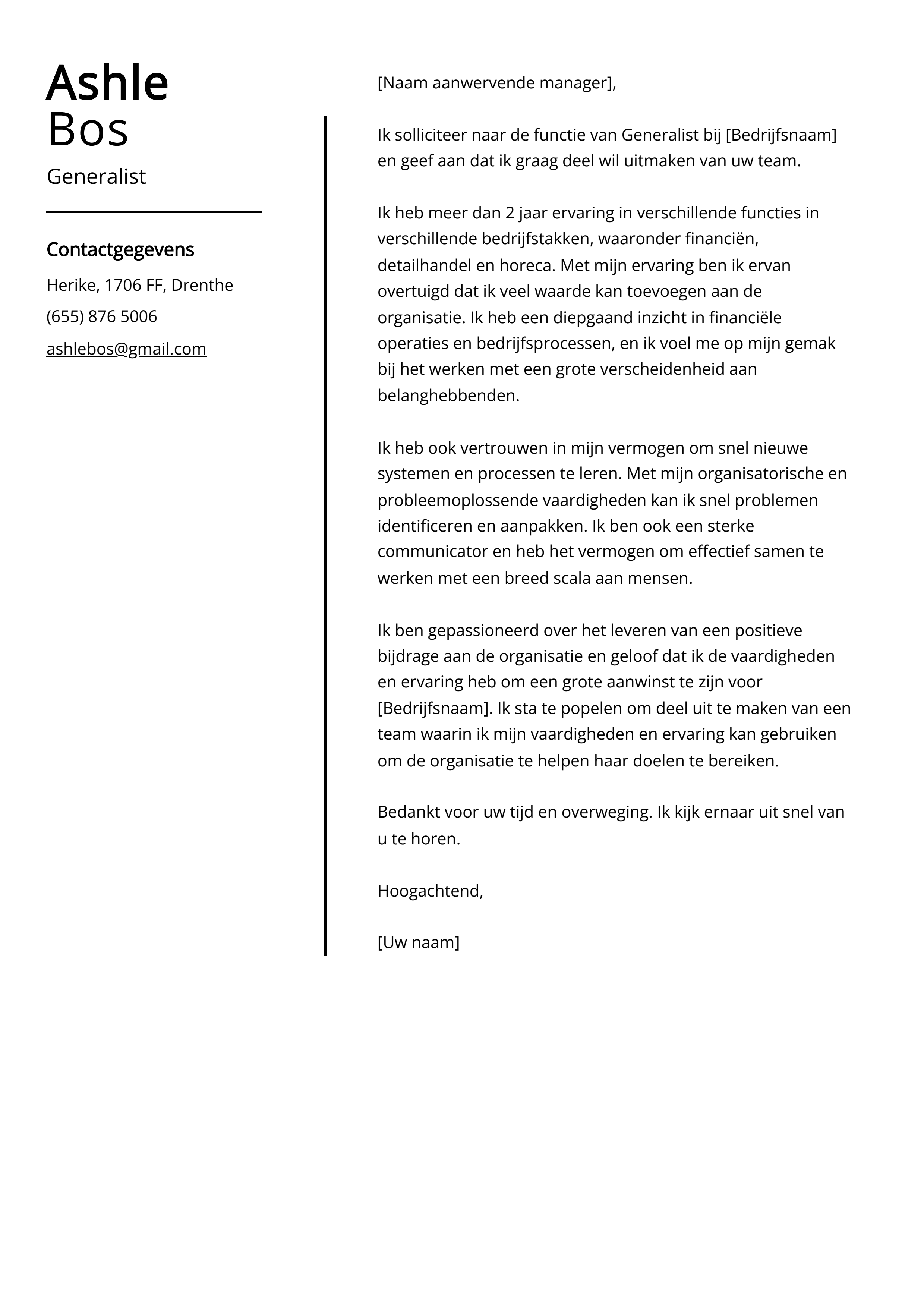 Generalist Voorbeeld sollicitatiebrief