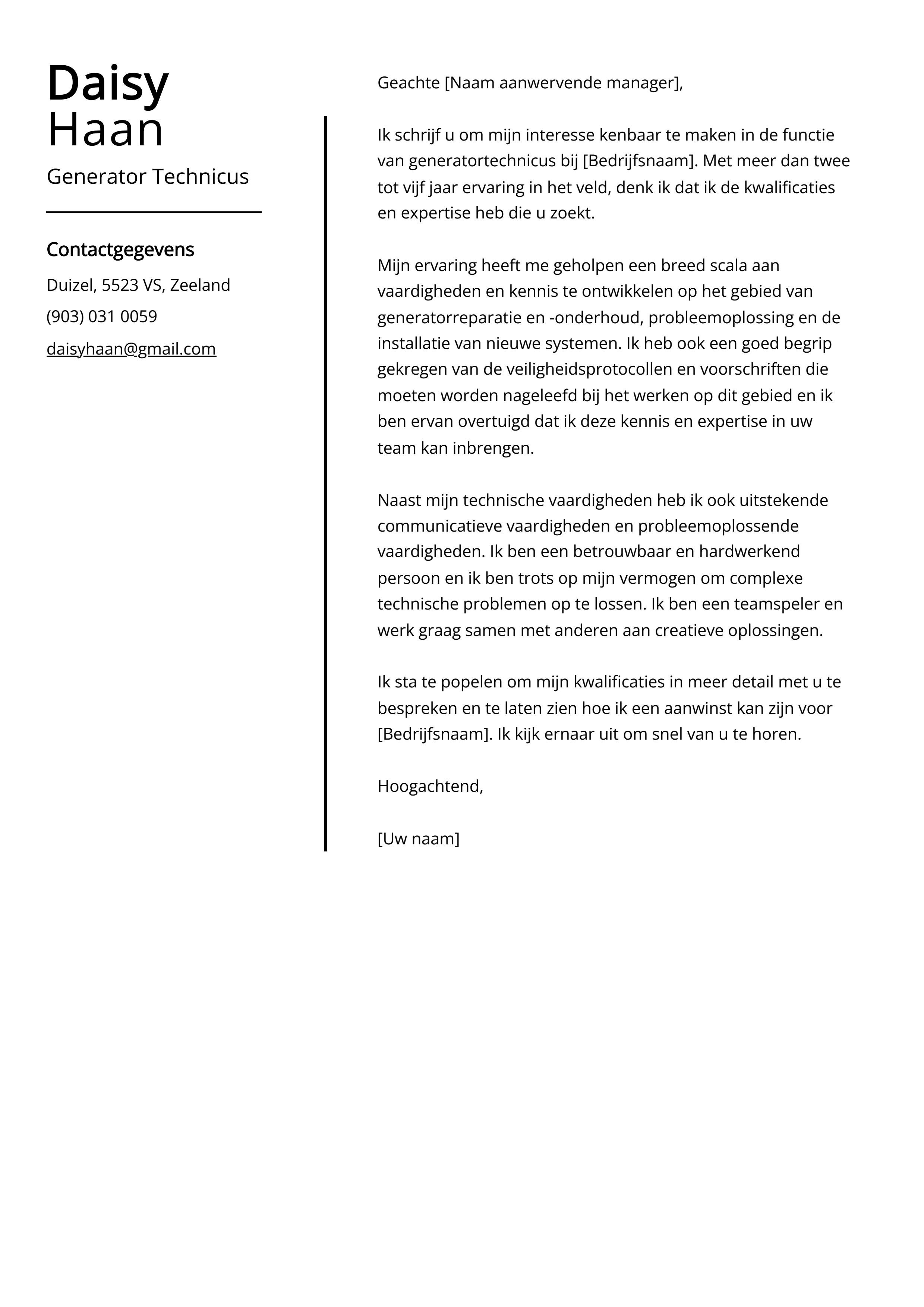 Generator Technicus Cover Letter Voorbeeld