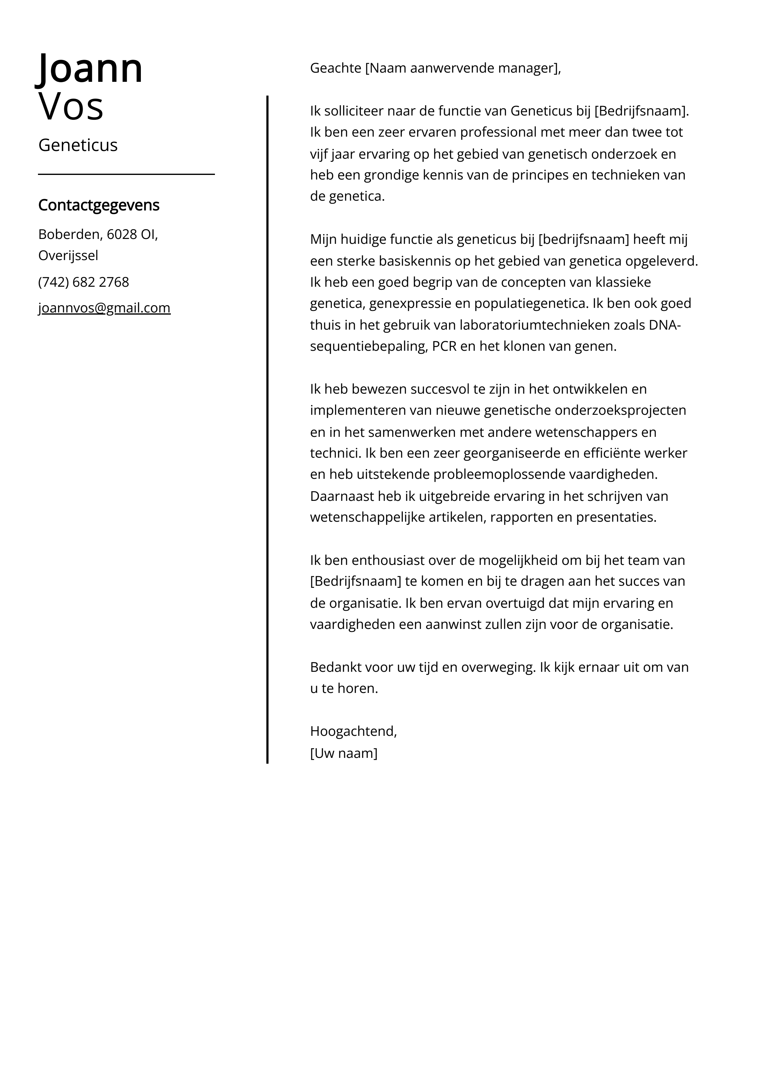 Geneticus sollicitatiebrief voorbeeld