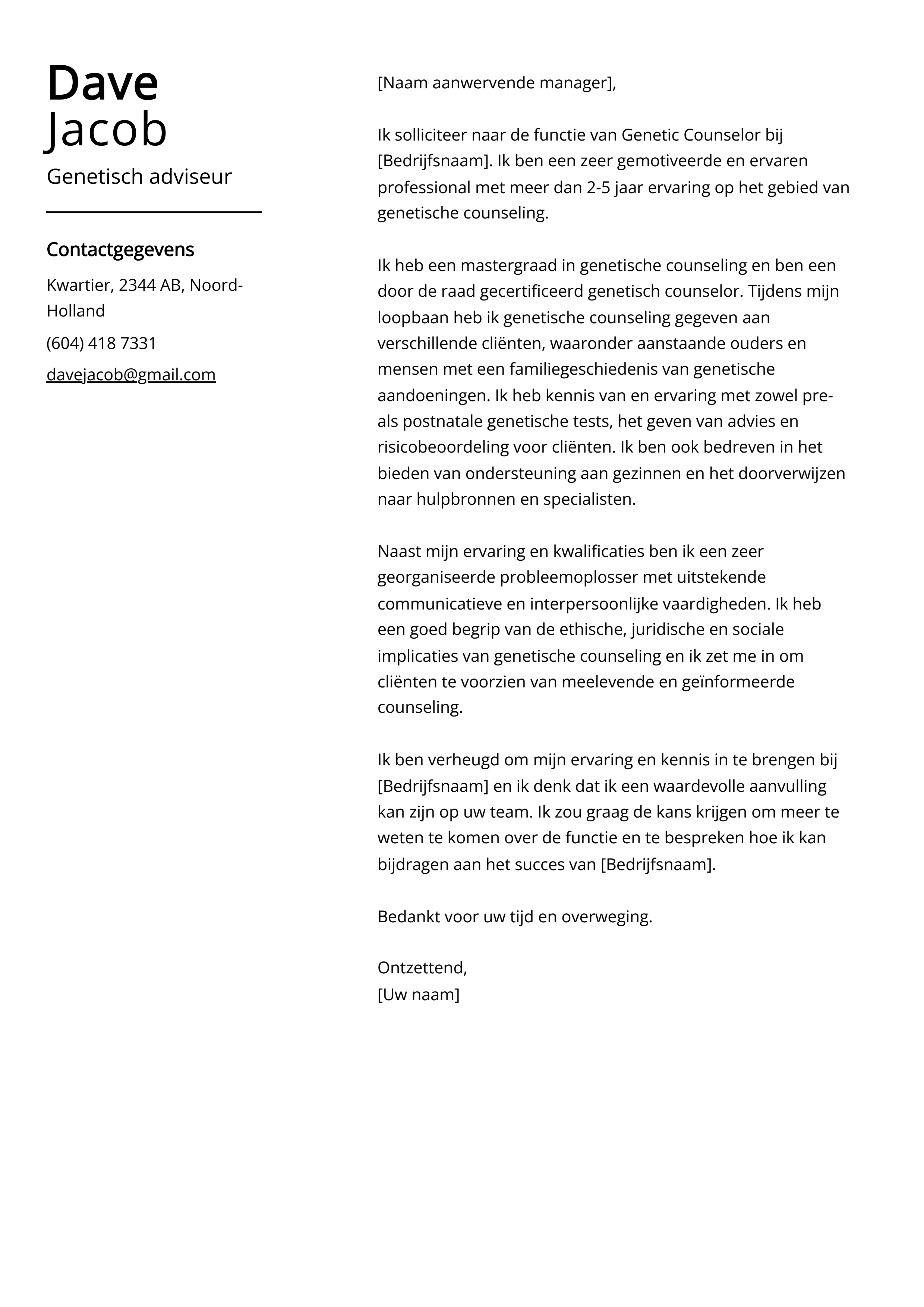 Genetisch adviseur Voorbeeld sollicitatiebrief