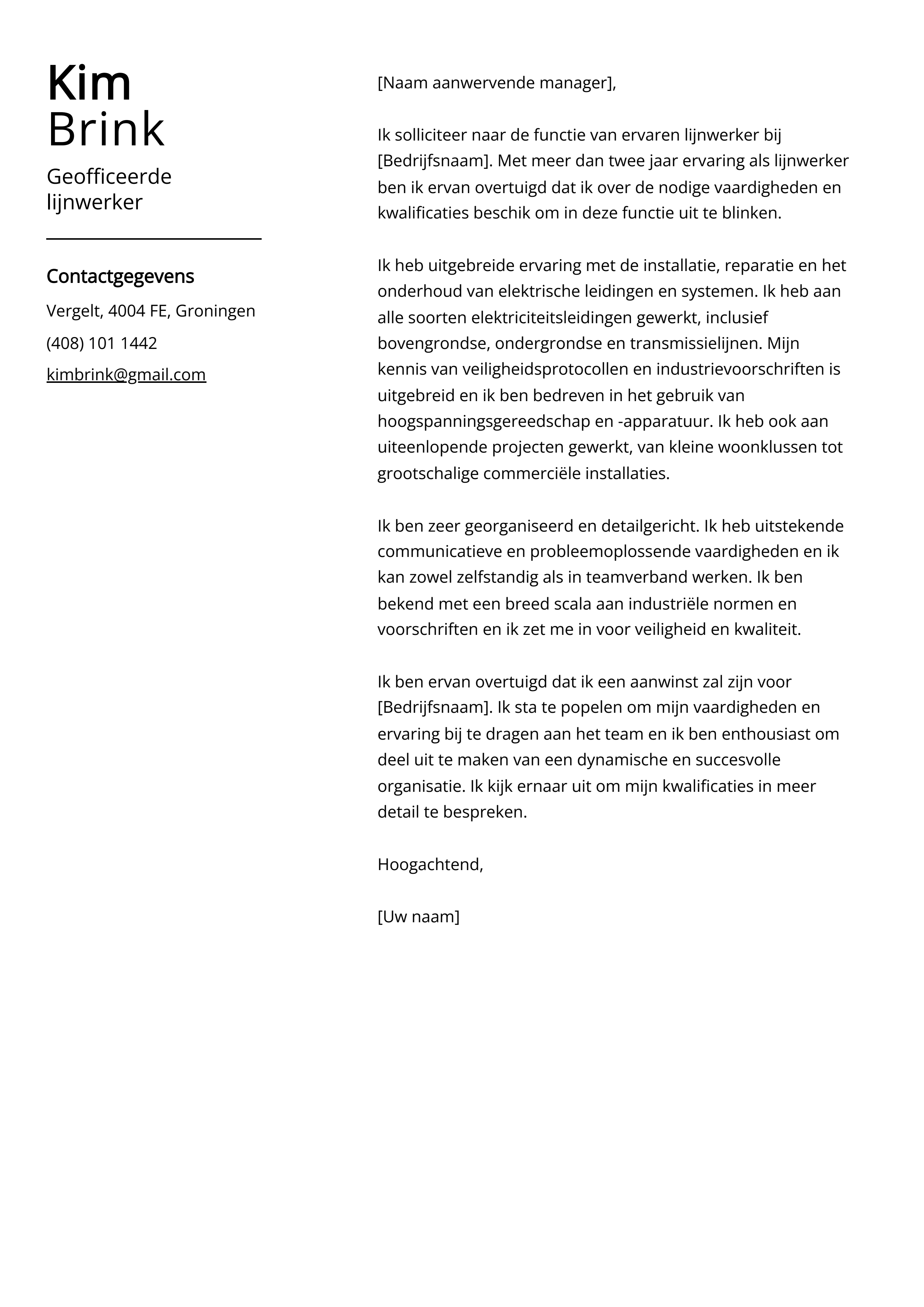 Geofficeerde lijnwerker Voorbeeld sollicitatiebrief