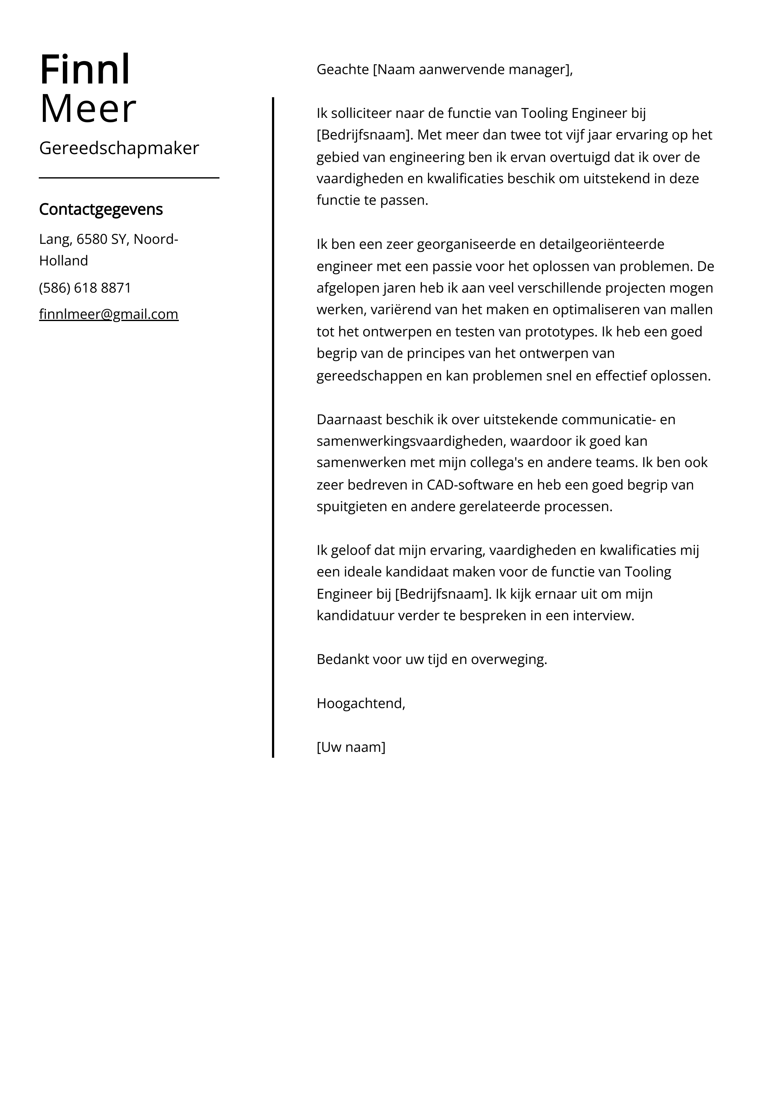 Gereedschapmaker Sollicitatiebrief Voorbeeld