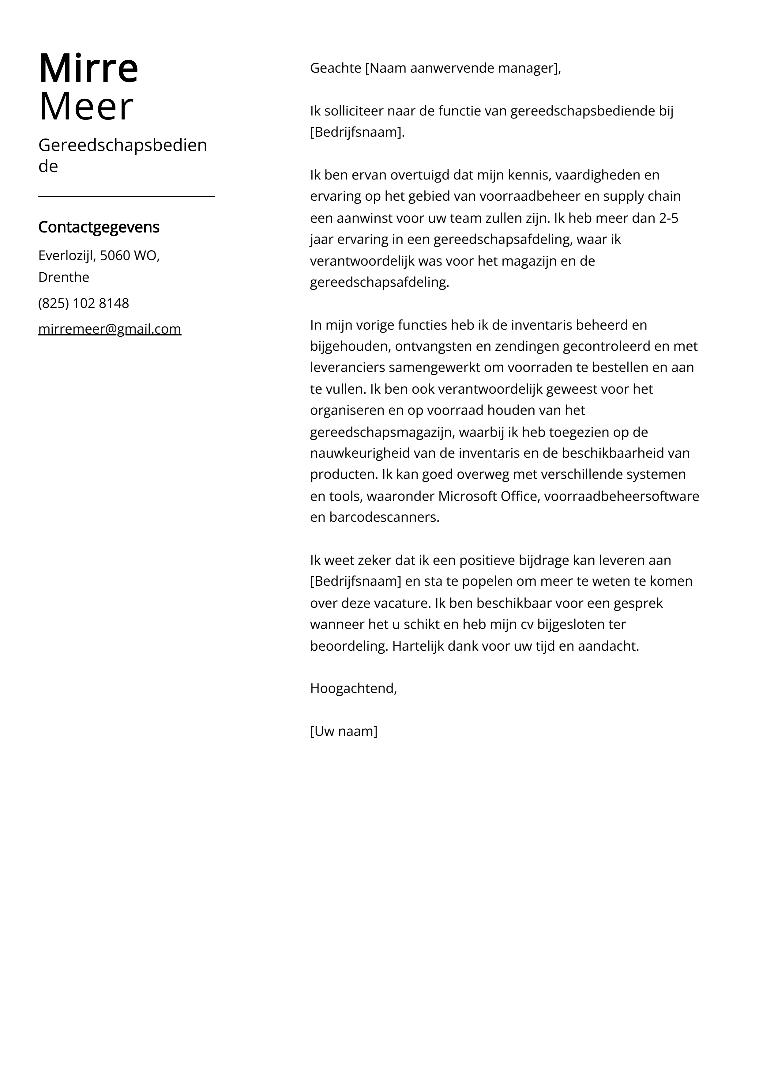 Gereedschapsbediende sollicitatiebrief voorbeeld