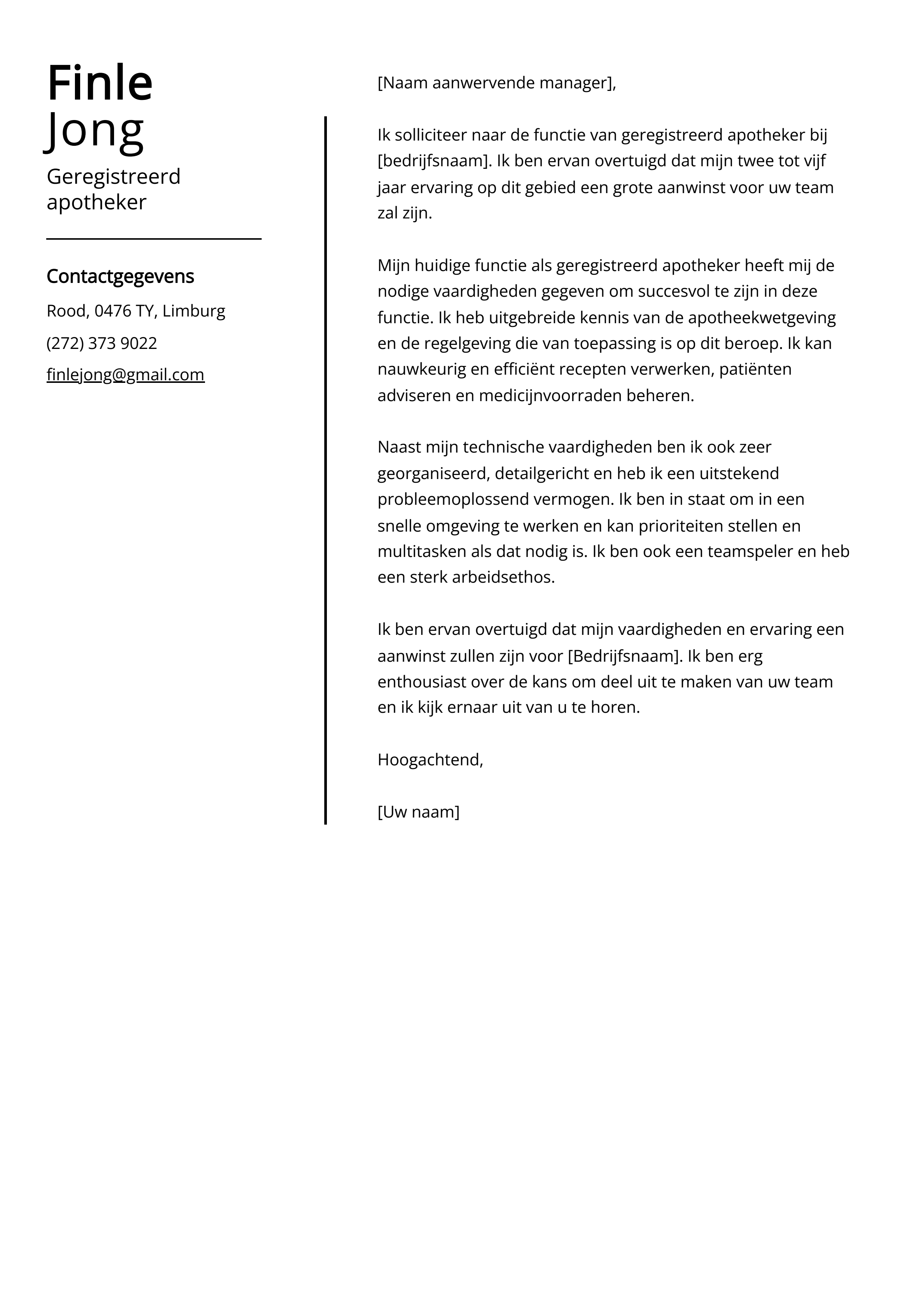 Geregistreerd apotheker Sollicitatiebrief Voorbeeld