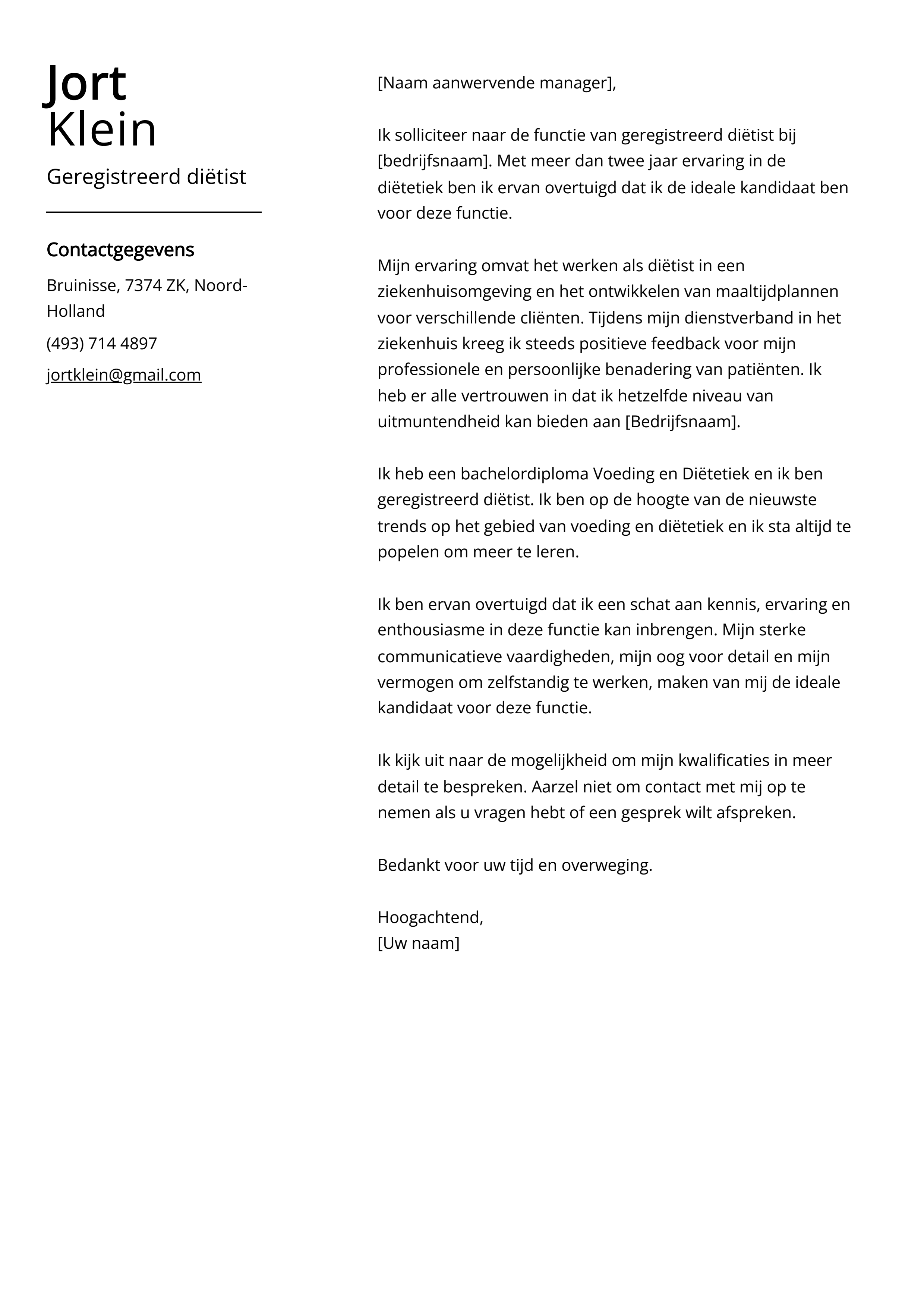 Geregistreerd diëtist Voorbeeld sollicitatiebrief