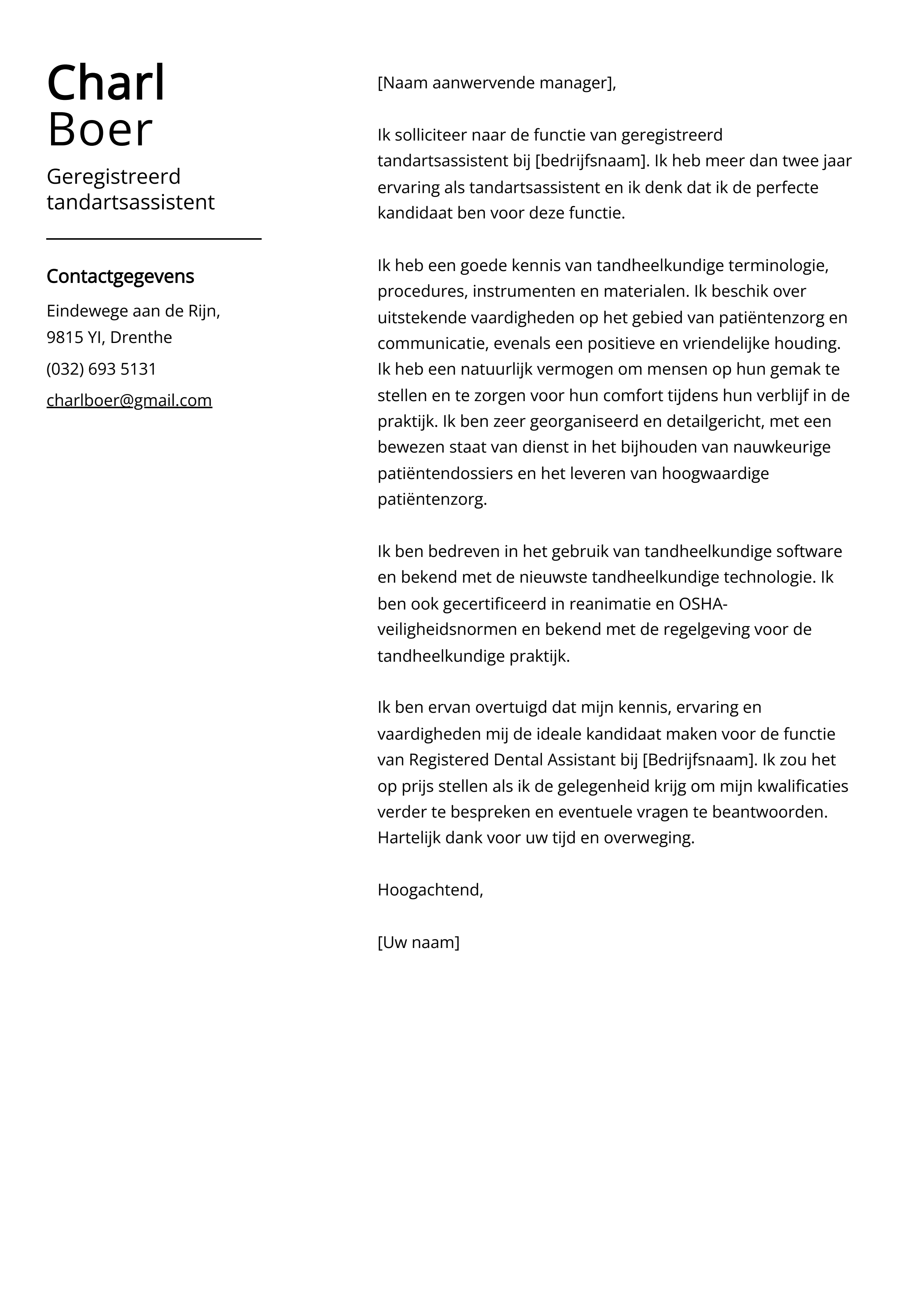 Geregistreerd tandartsassistent Cover Letter Voorbeeld