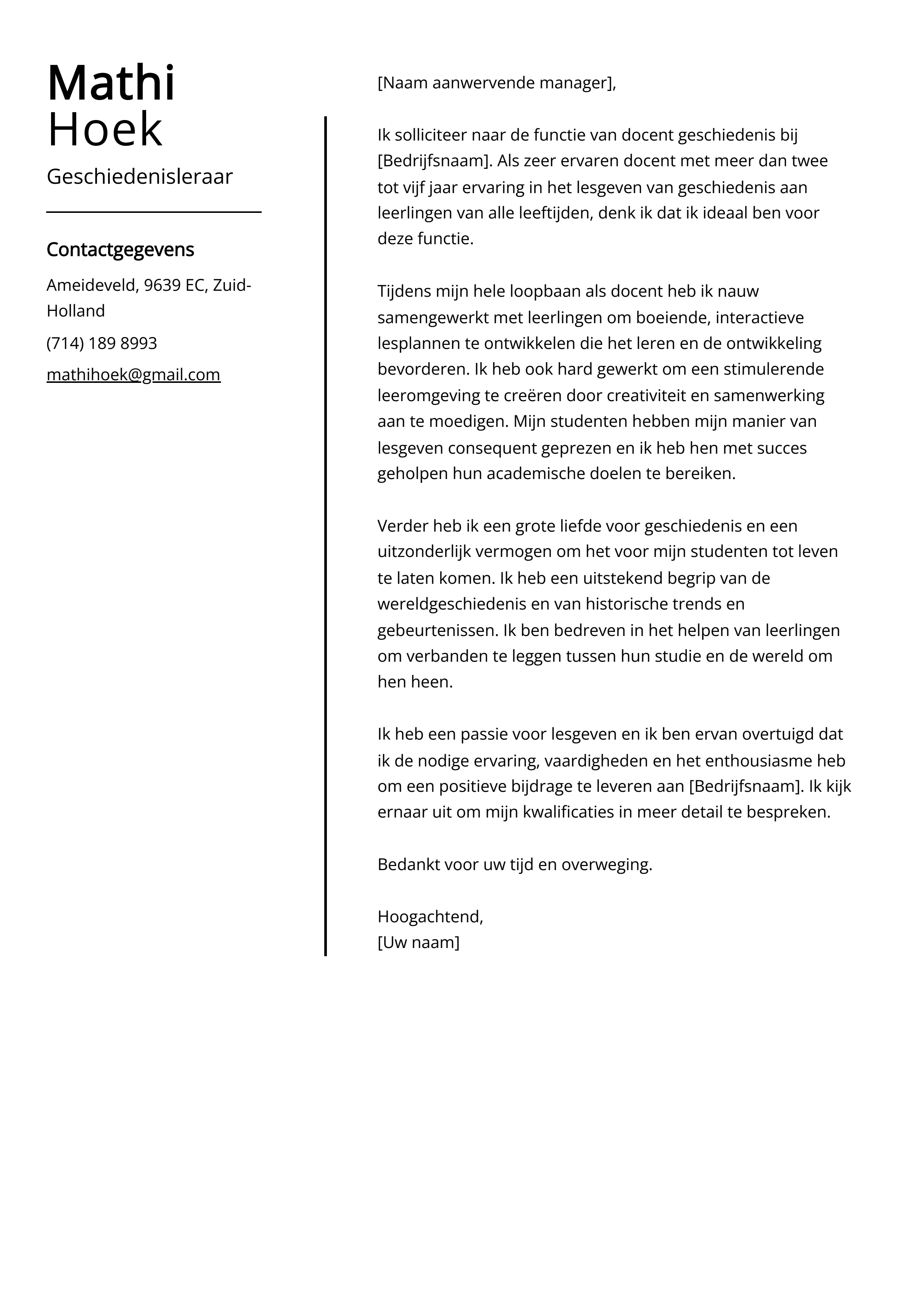 Geschiedenisleraar Cover Letter Voorbeeld