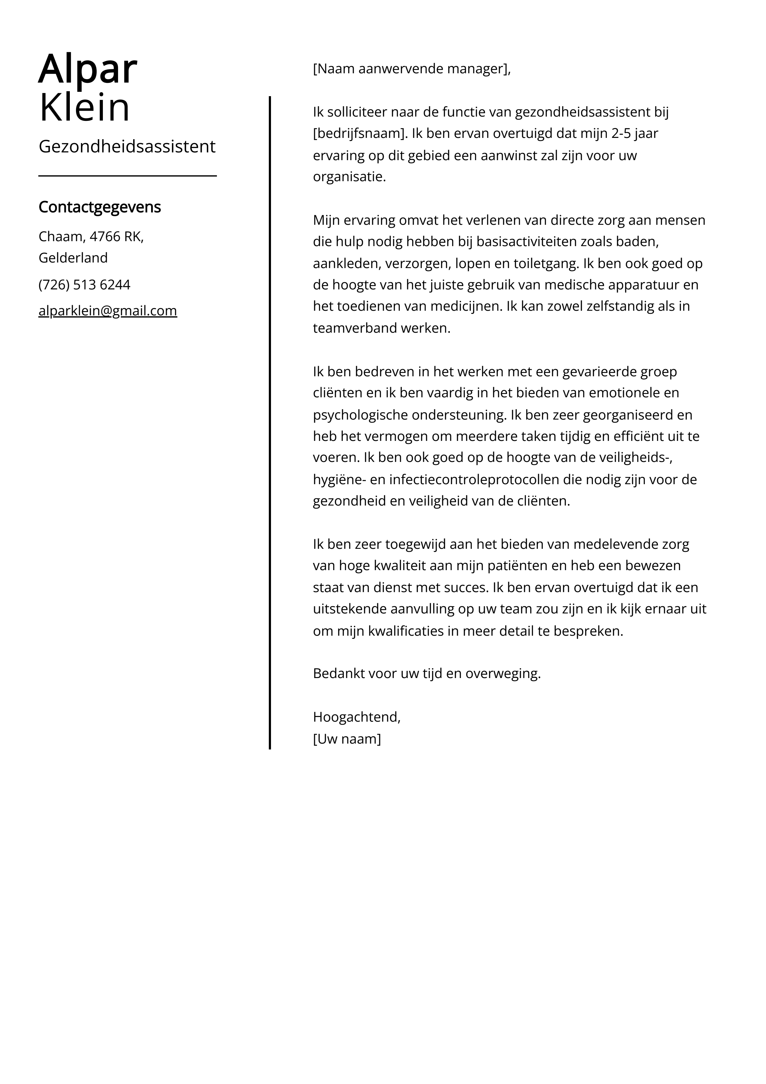 Gezondheidsassistent Cover Letter Voorbeeld