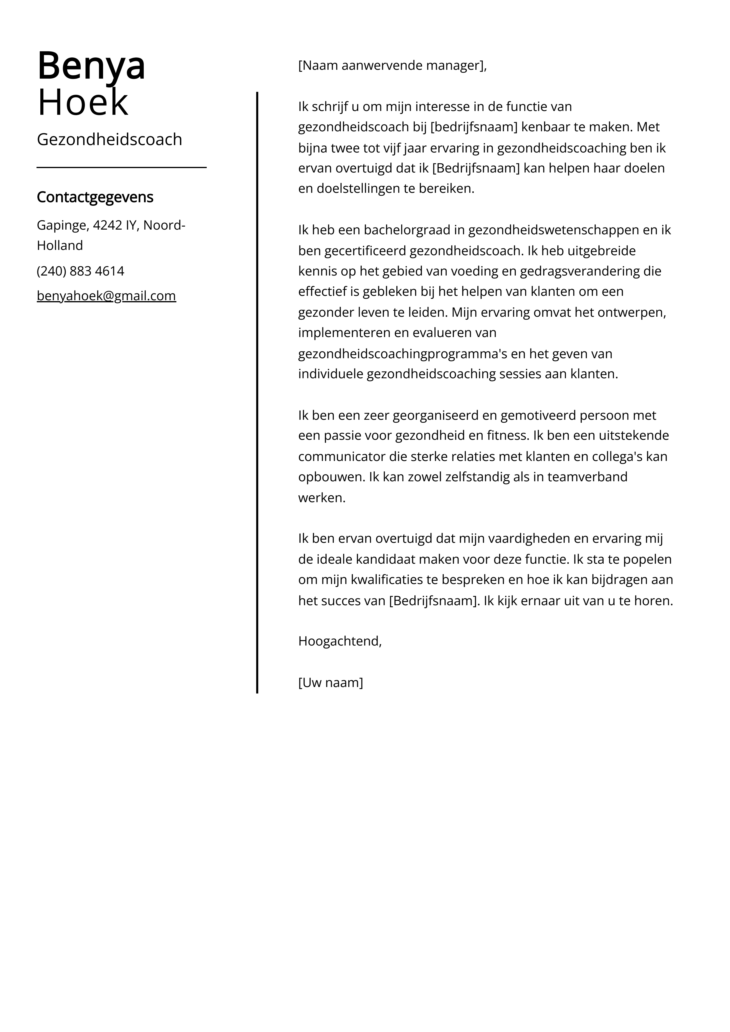 Gezondheidscoach Cover Letter Voorbeeld