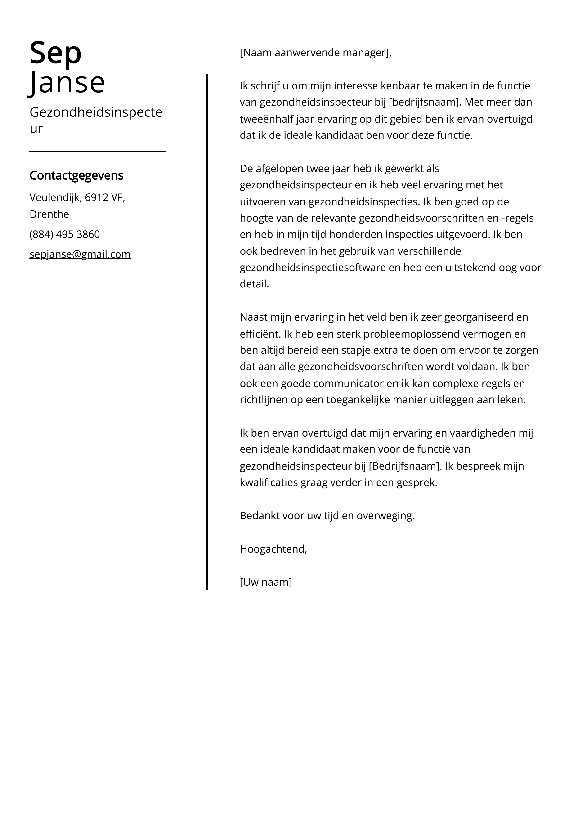 Gezondheidsinspecteur Cover Letter Voorbeeld