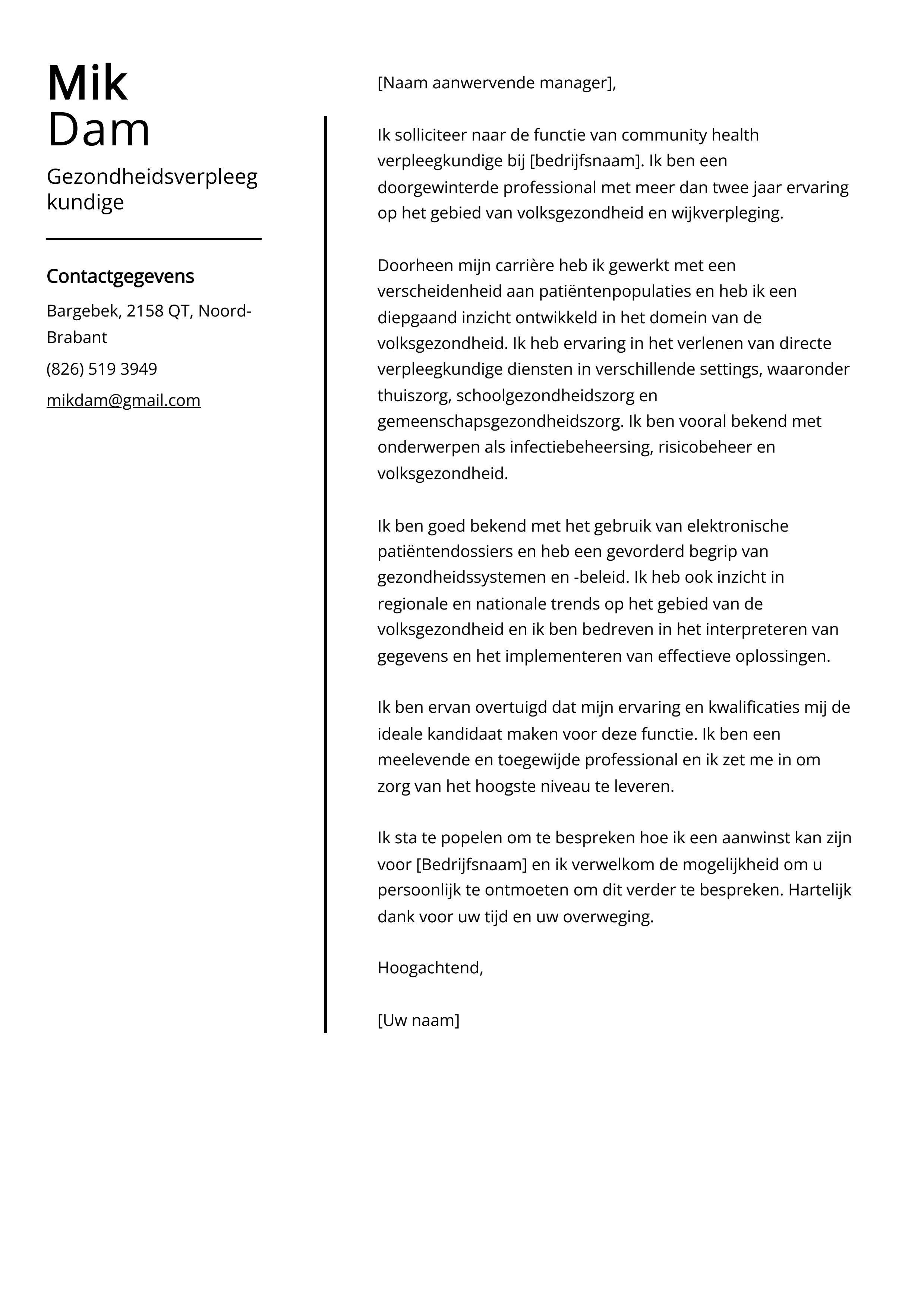 Gezondheidsverpleegkundige sollicitatiebrief voorbeeld