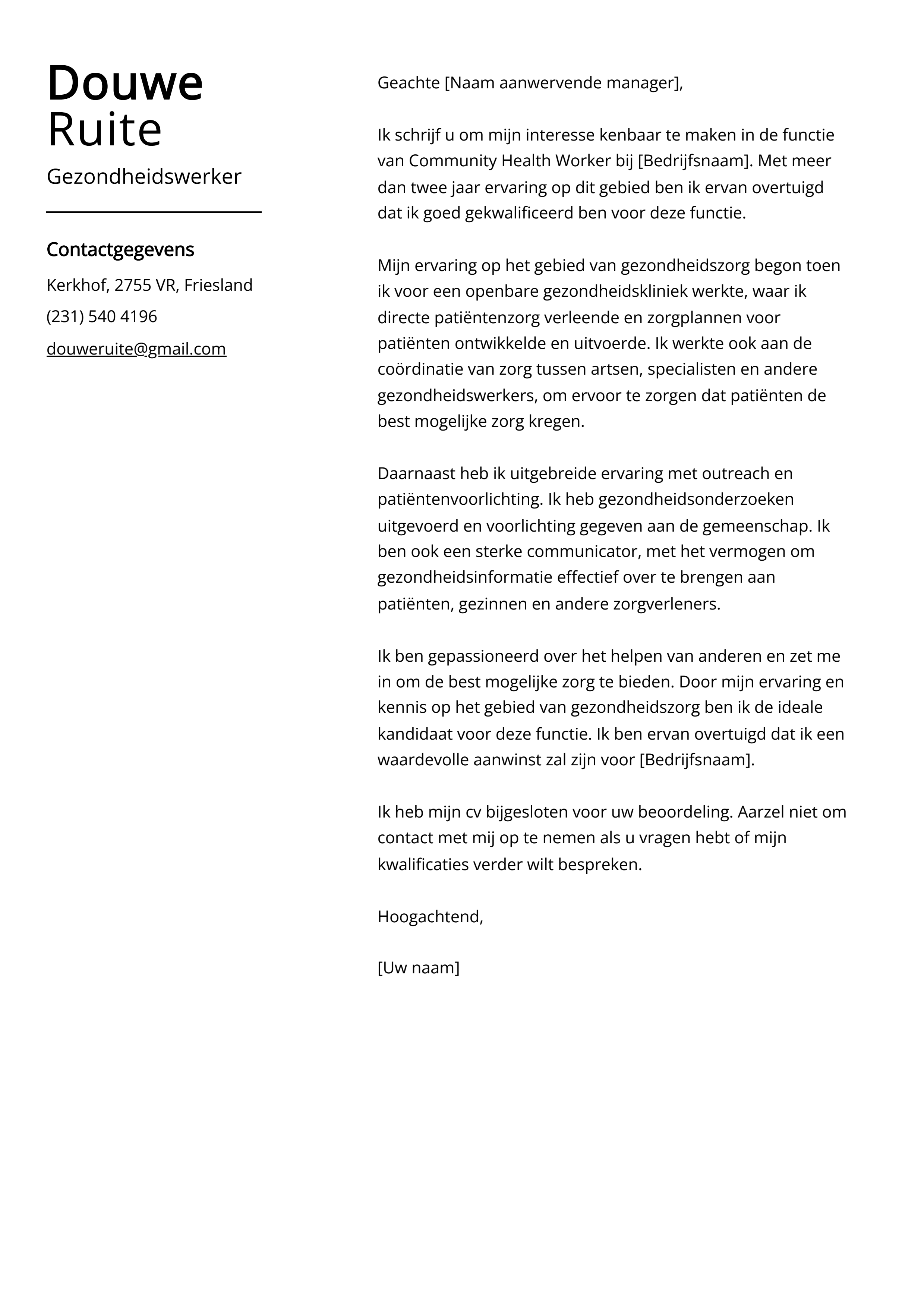 Gezondheidswerker Sollicitatiebrief Voorbeeld