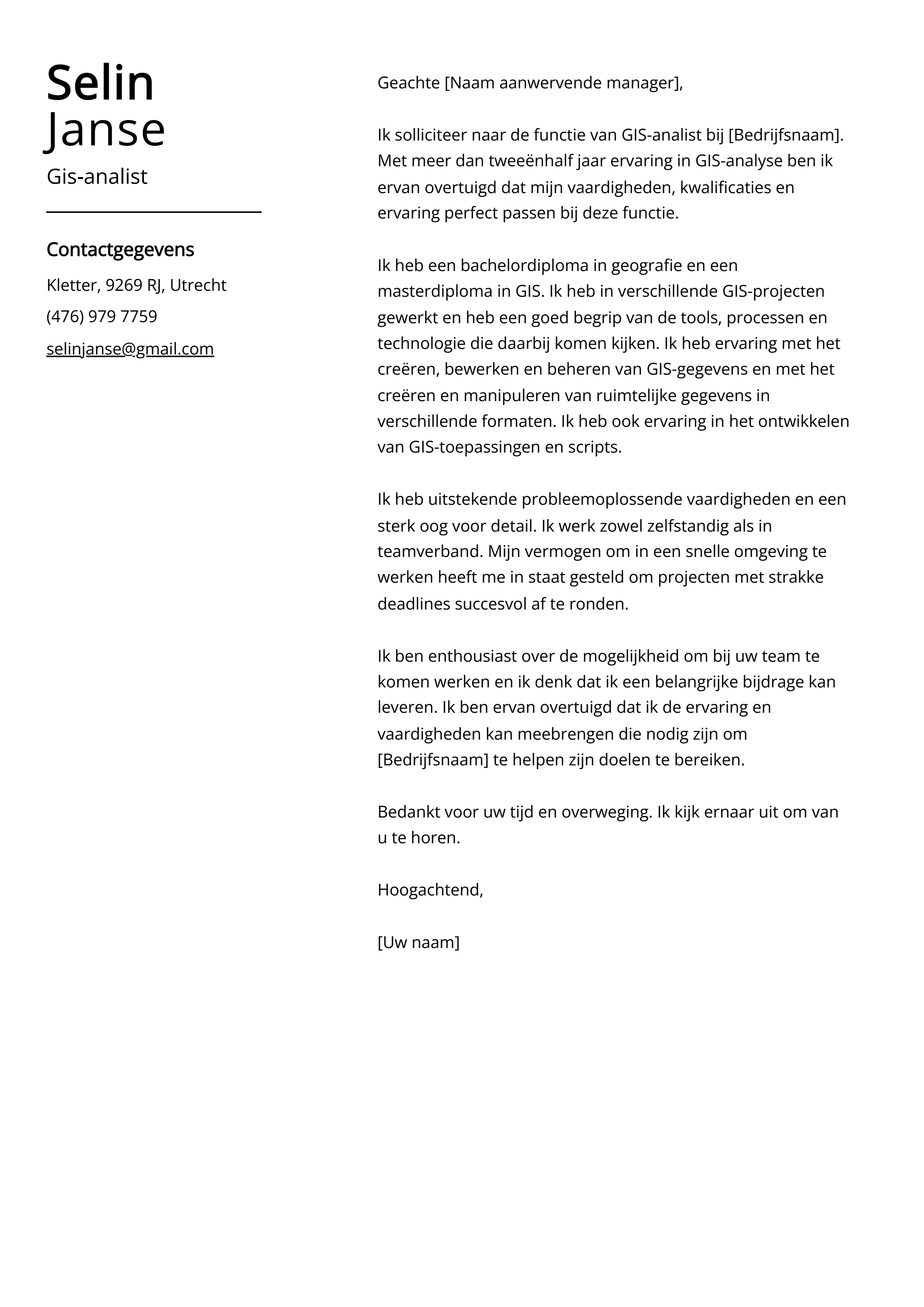 Gis-analist sollicitatiebrief voorbeeld