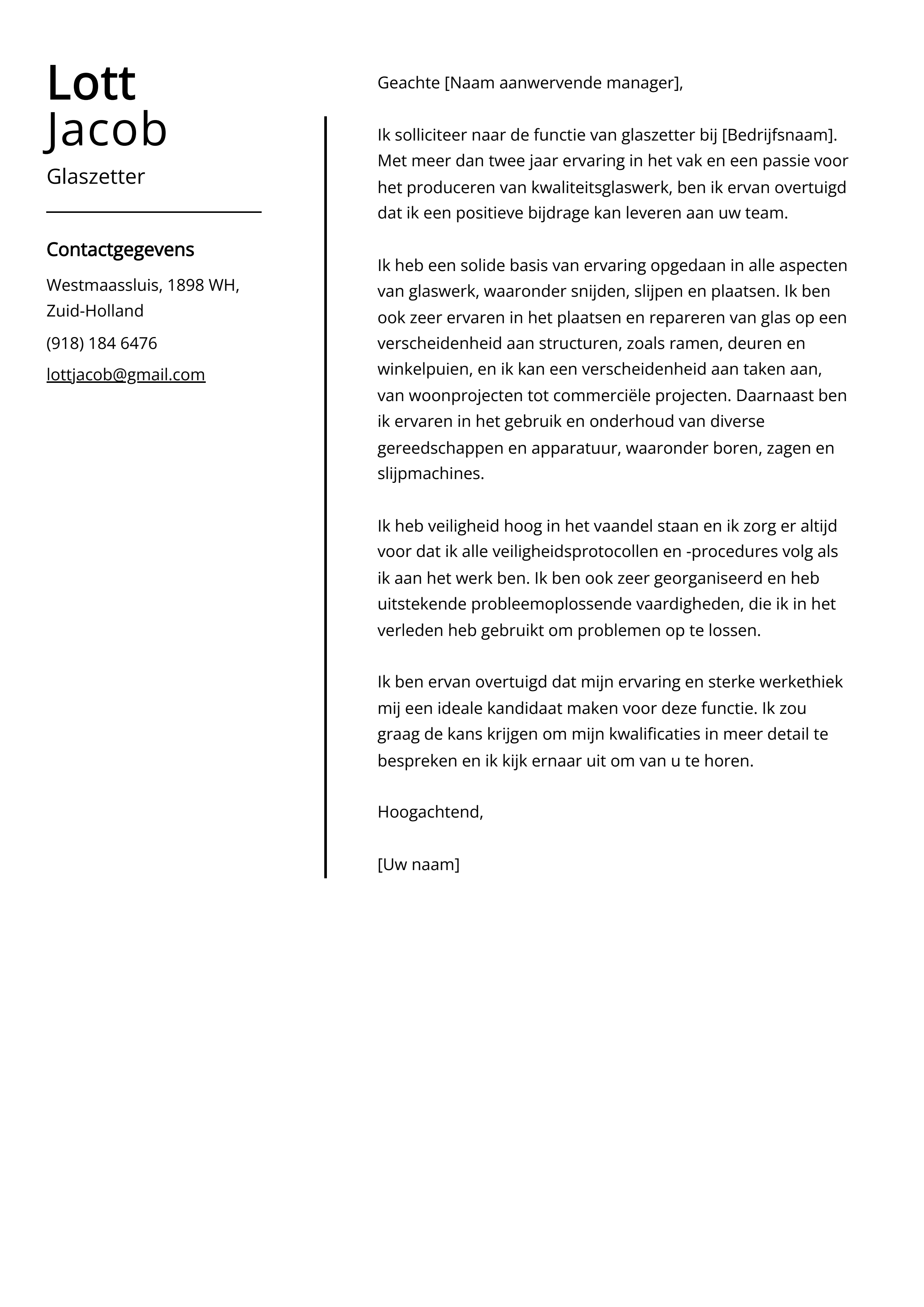 Glaszetter Sollicitatiebrief Voorbeeld