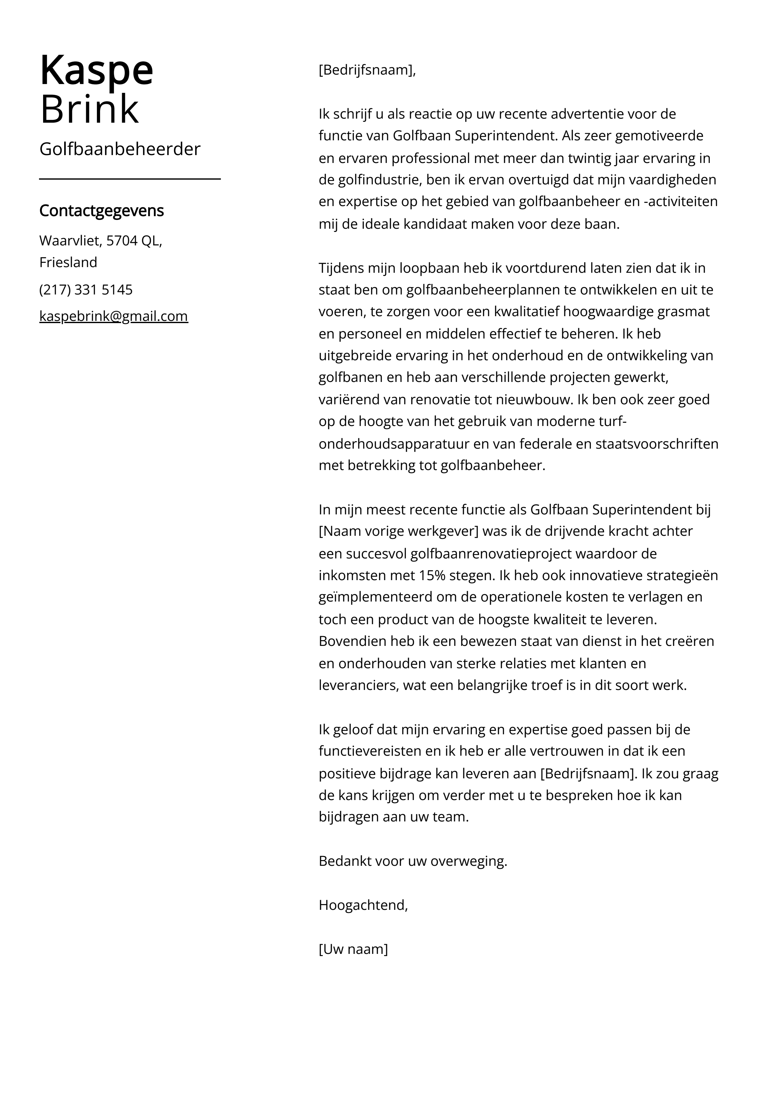 Golfbaanbeheerder Sollicitatiebrief Voorbeeld