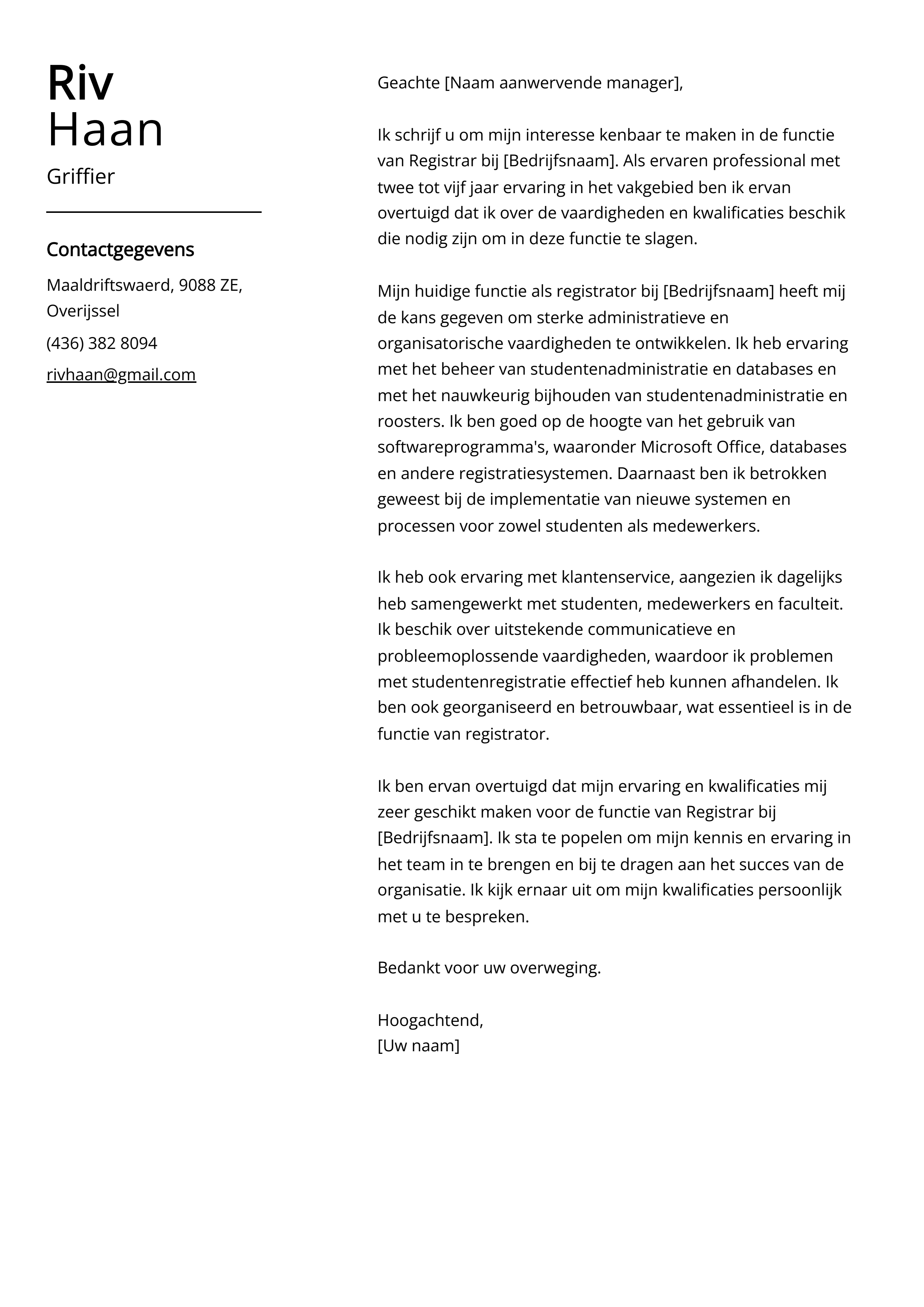 Griffier sollicitatiebrief voorbeeld