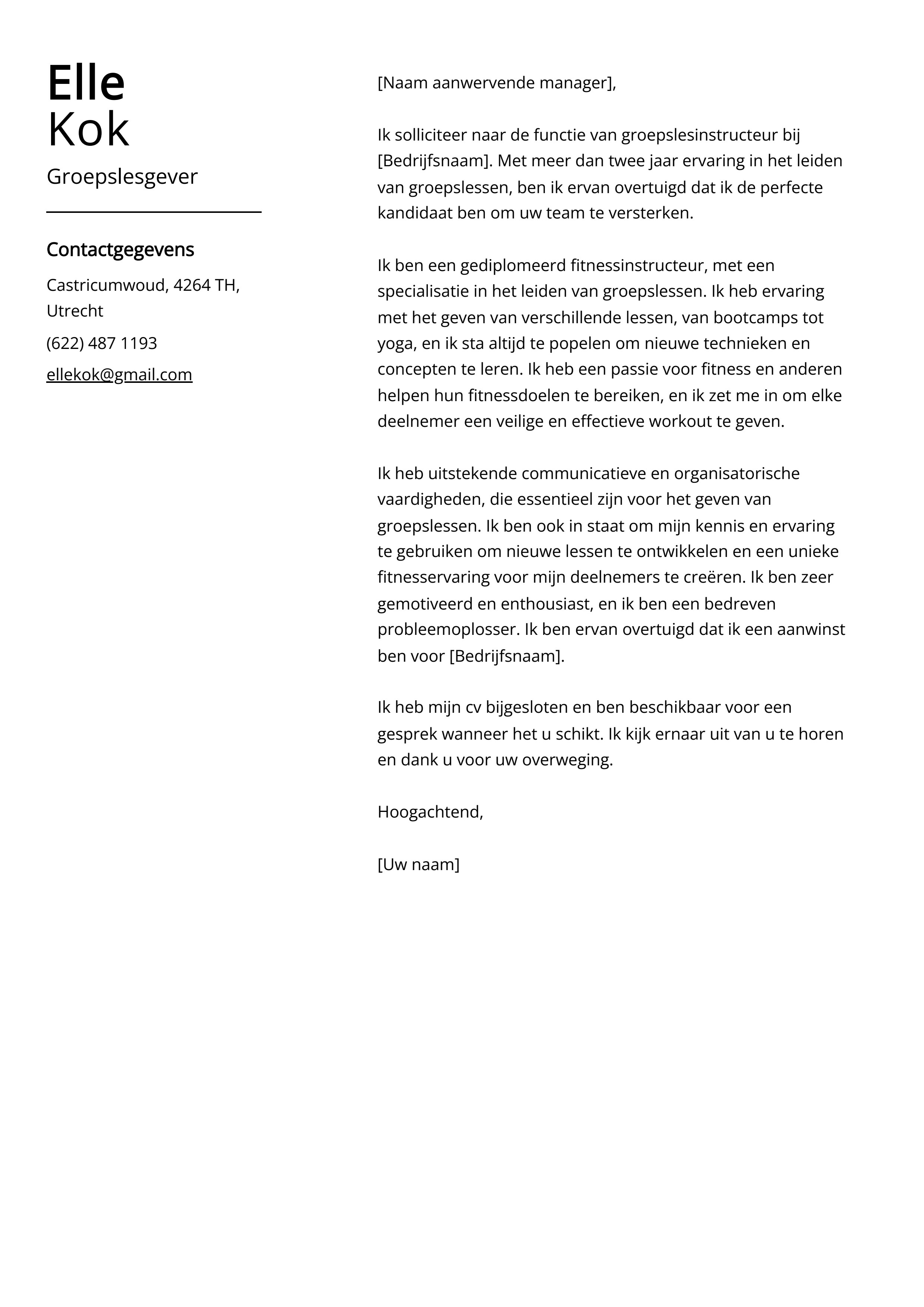 Groepslesgever sollicitatiebrief voorbeeld