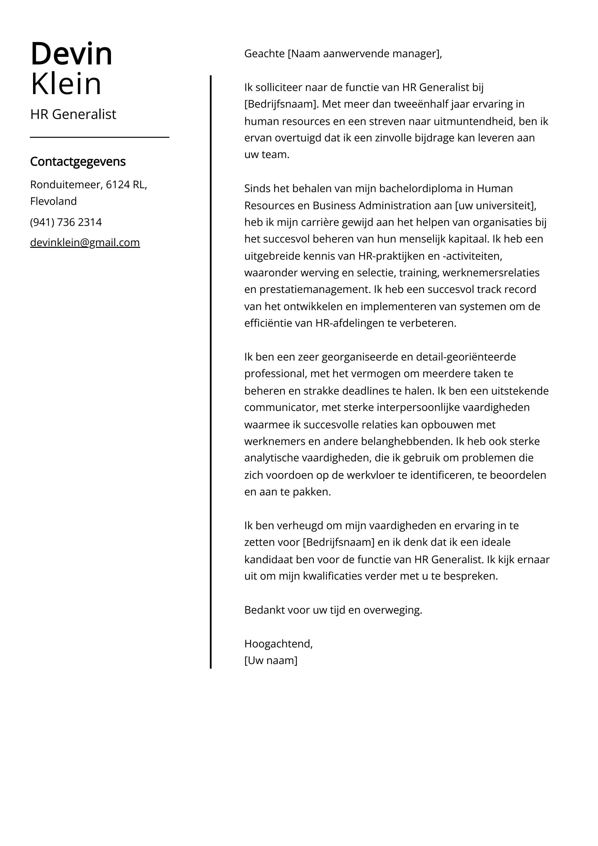 HR Generalist Voorbeeld sollicitatiebrief