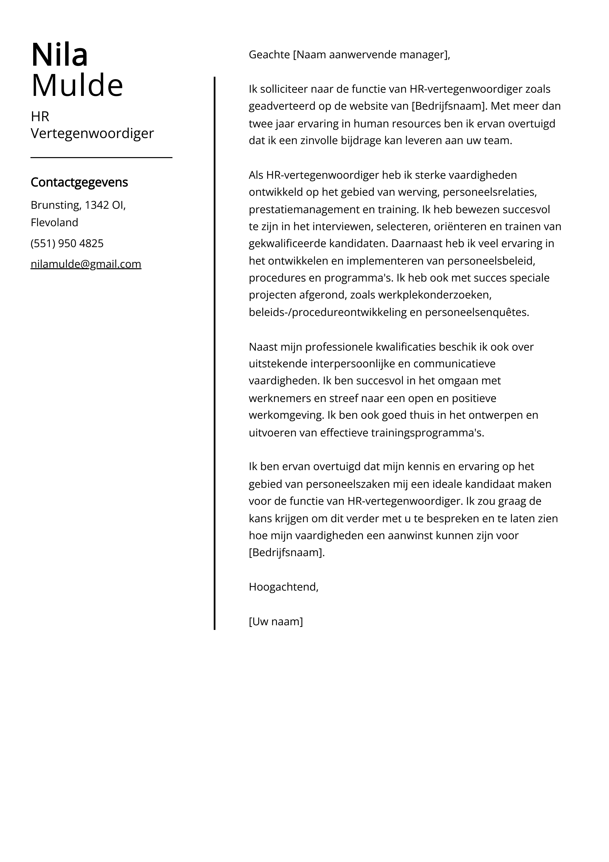 HR Vertegenwoordiger Sollicitatiebrief Voorbeeld