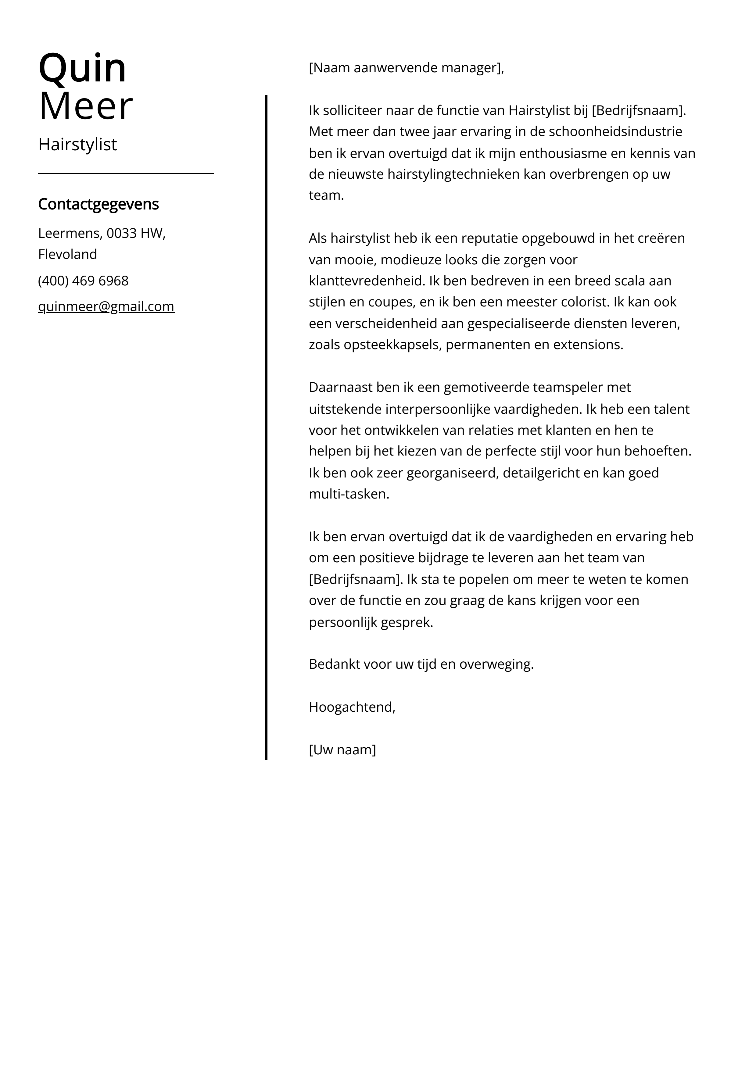 Hairstylist Voorbeeld sollicitatiebrief