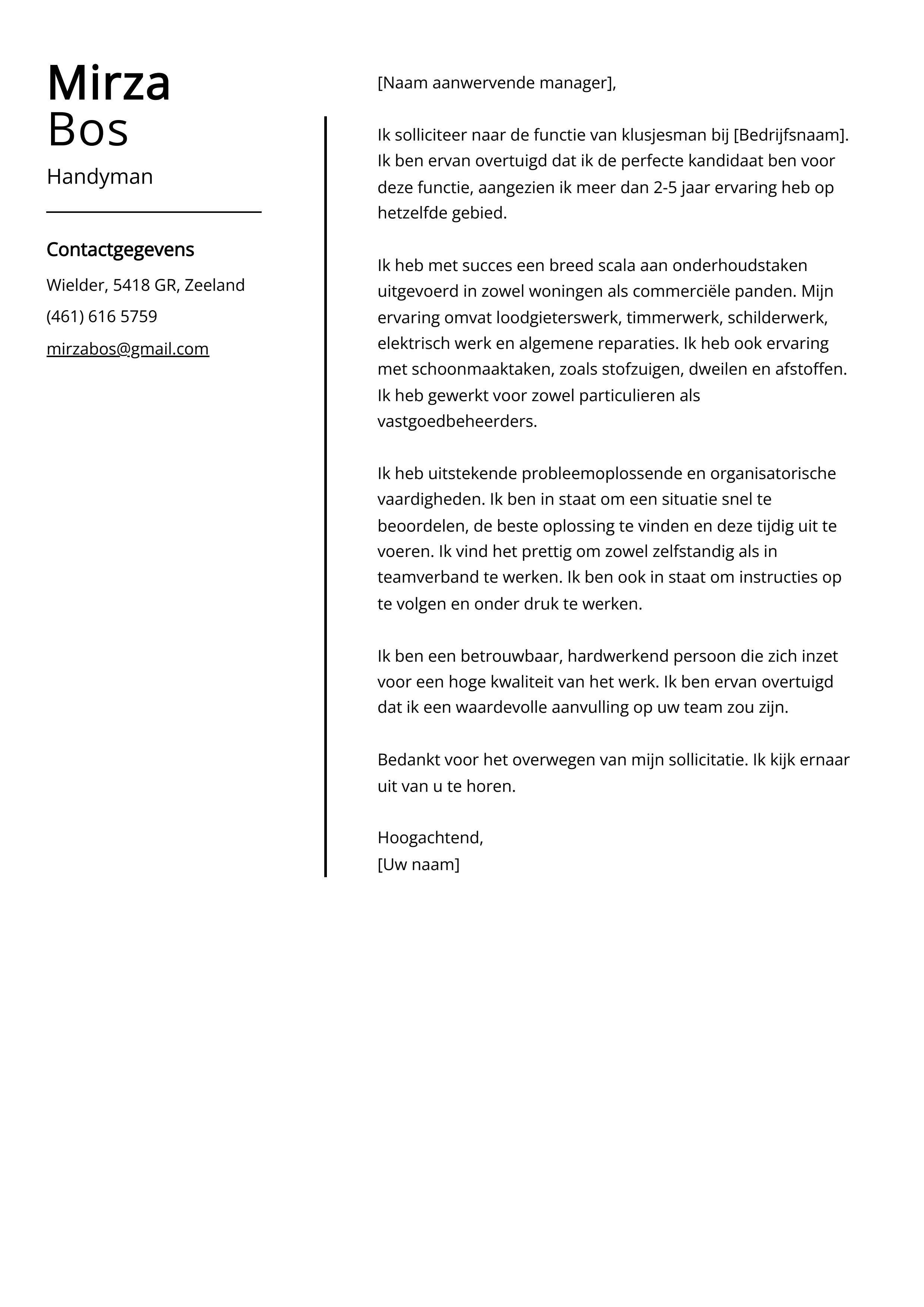 Handyman Voorbeeld sollicitatiebrief