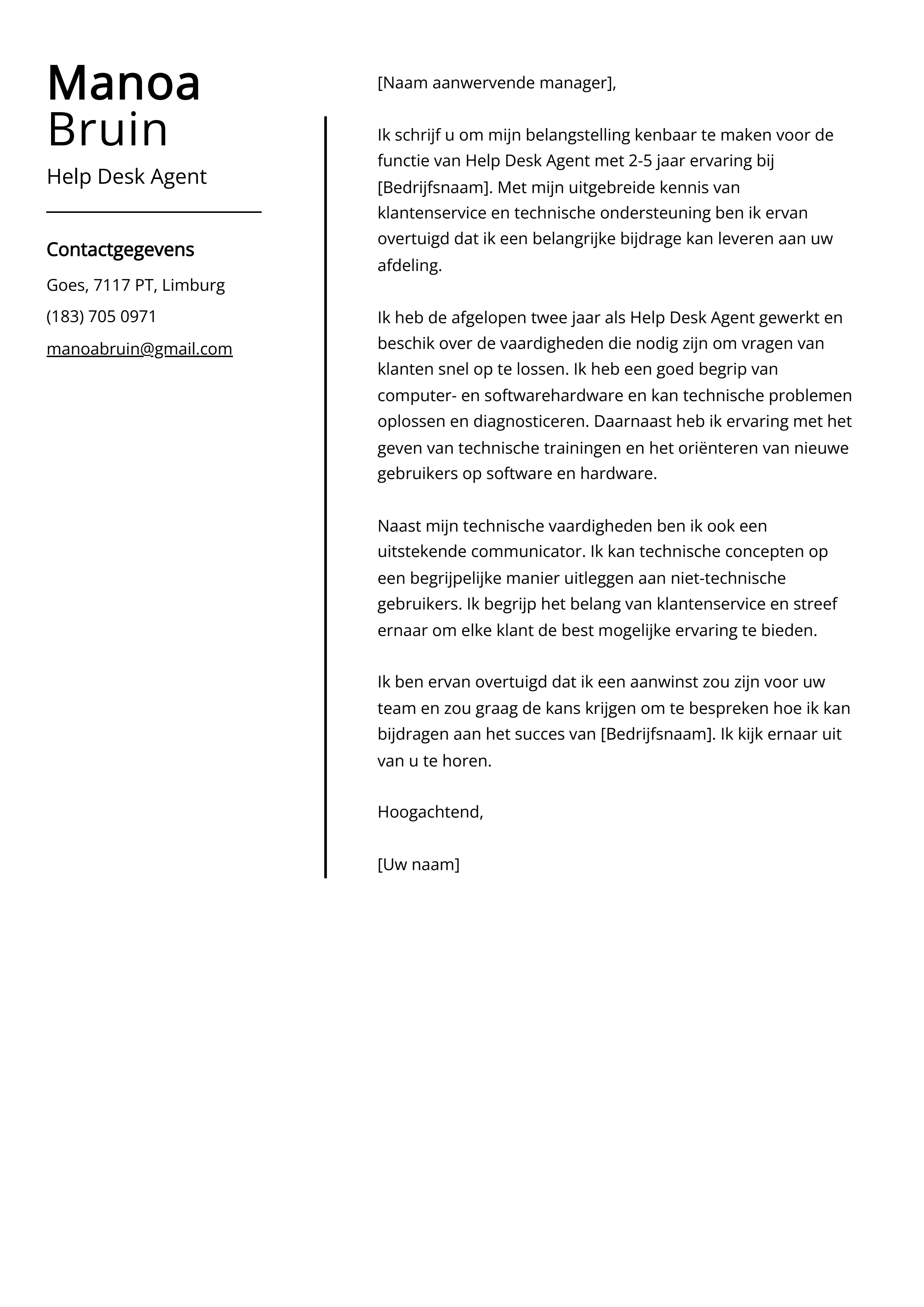 Help Desk Agent Voorbeeld sollicitatiebrief