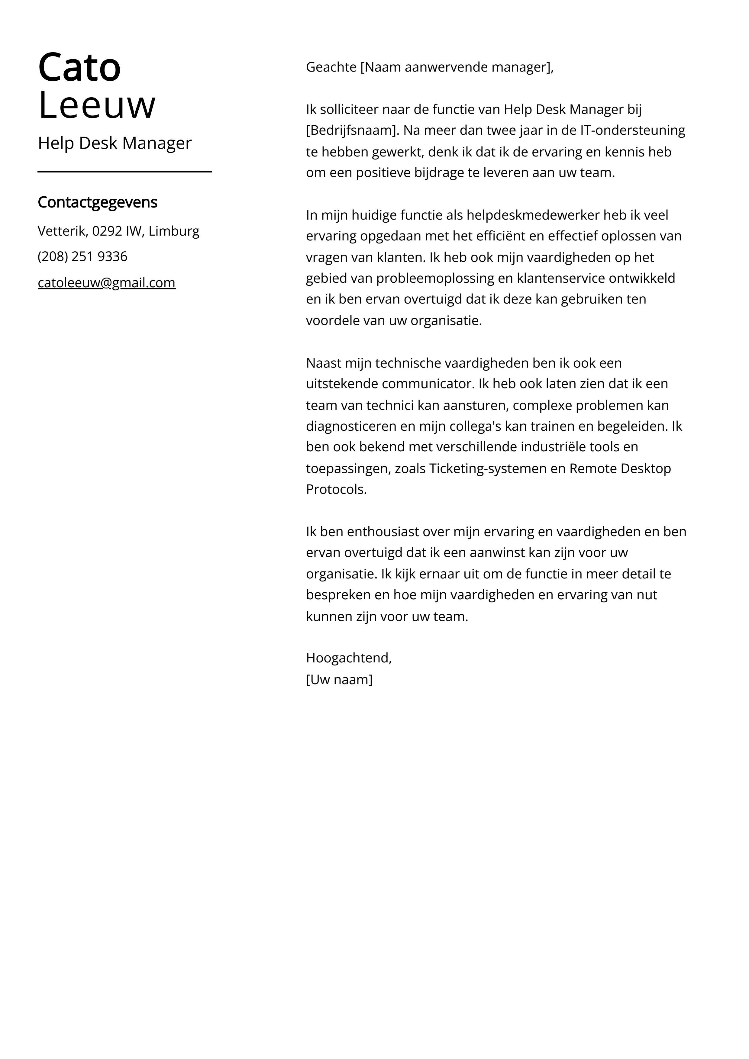 Help Desk Manager Voorbeeld sollicitatiebrief