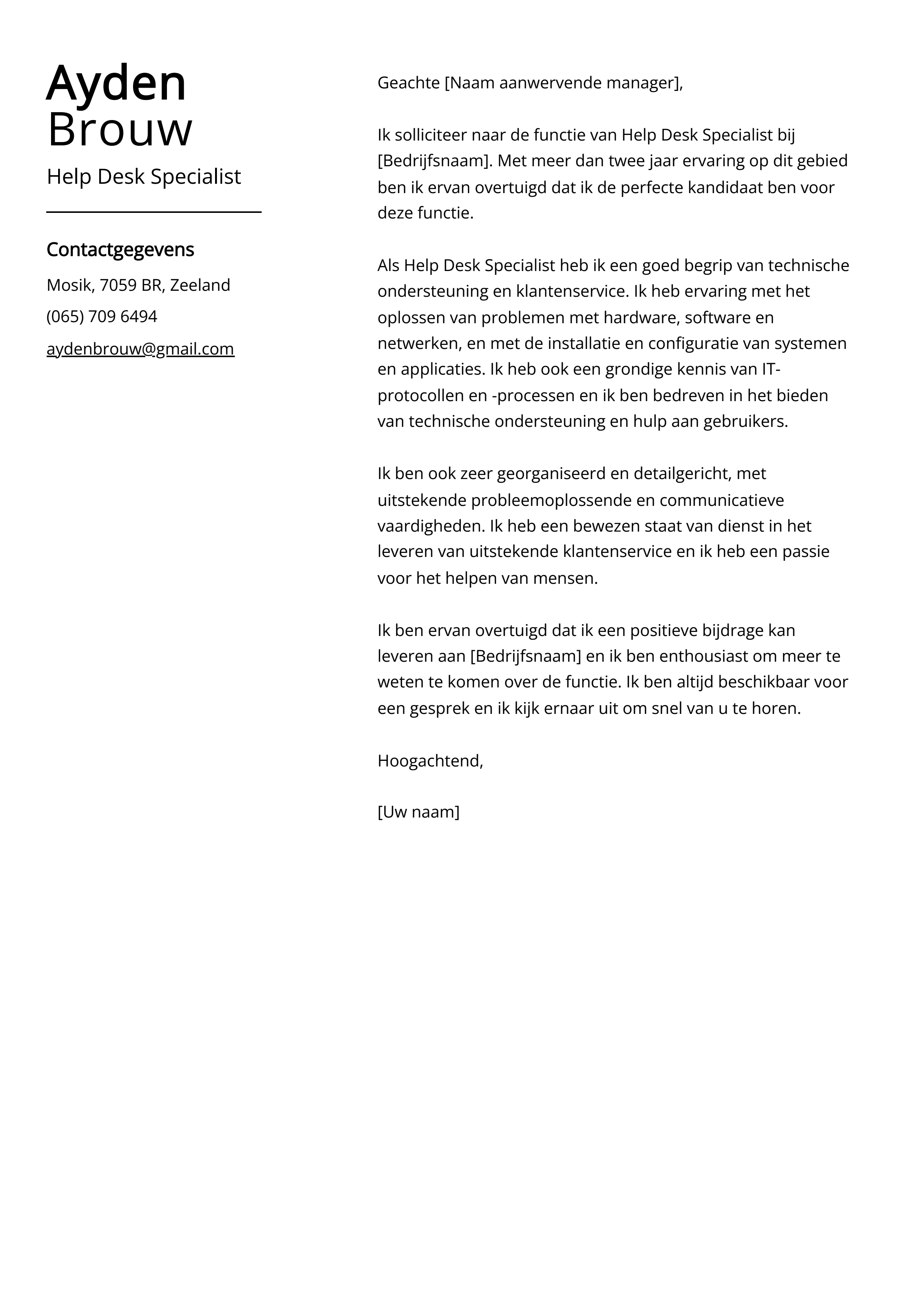 Help Desk Specialist Voorbeeld sollicitatiebrief