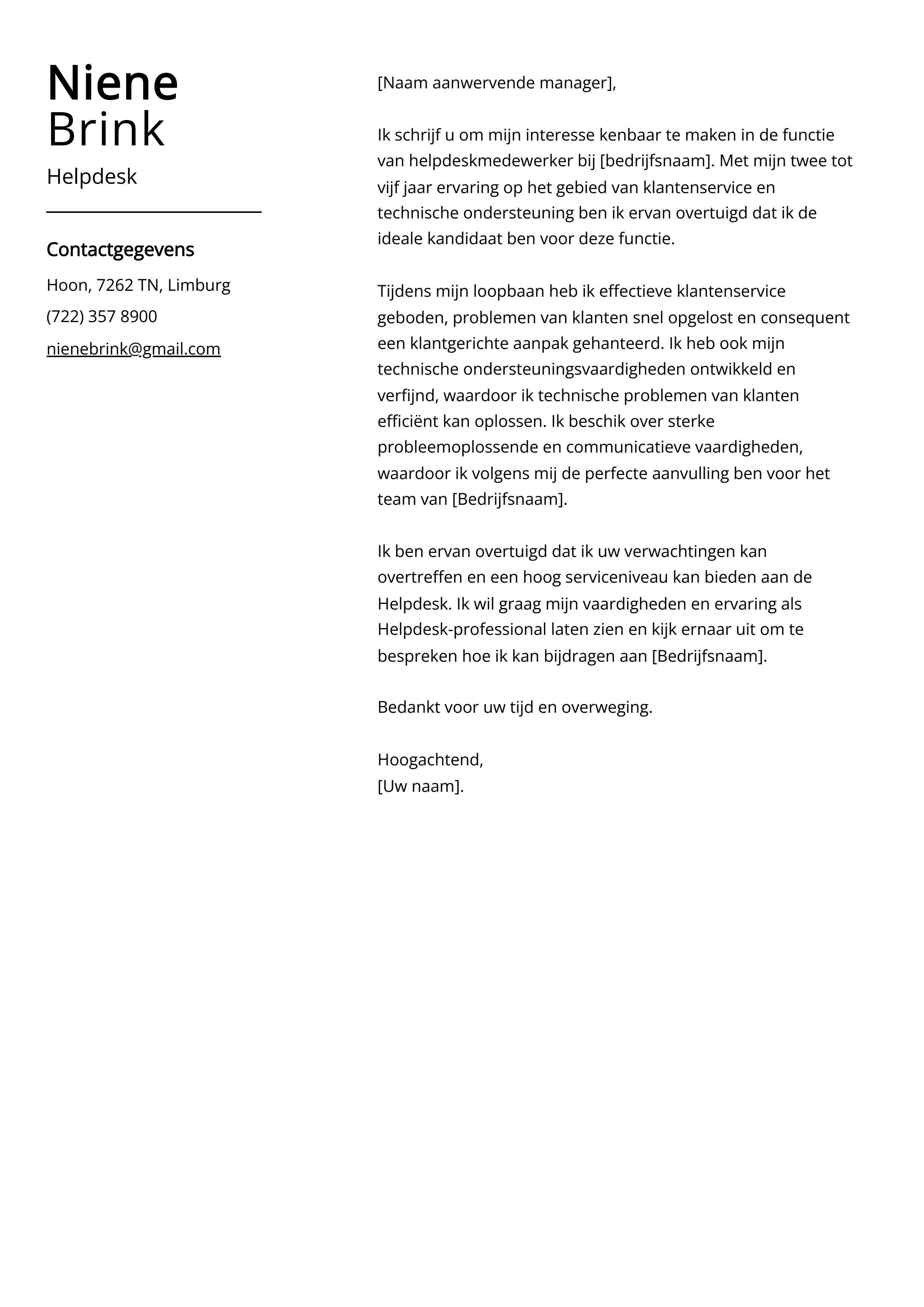 Helpdesk sollicitatiebrief voorbeeld