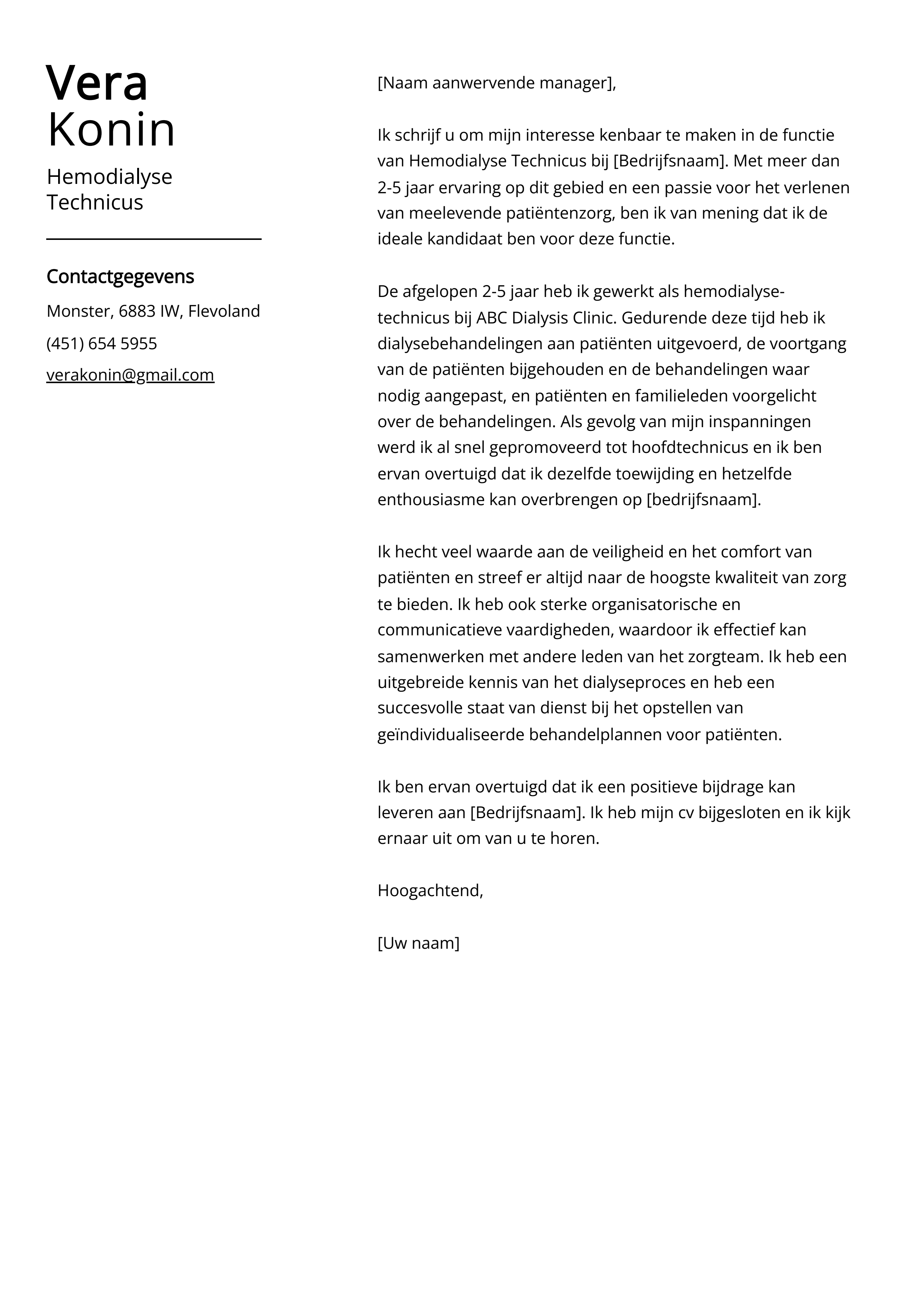 Hemodialyse Technicus Voorbeeld sollicitatiebrief