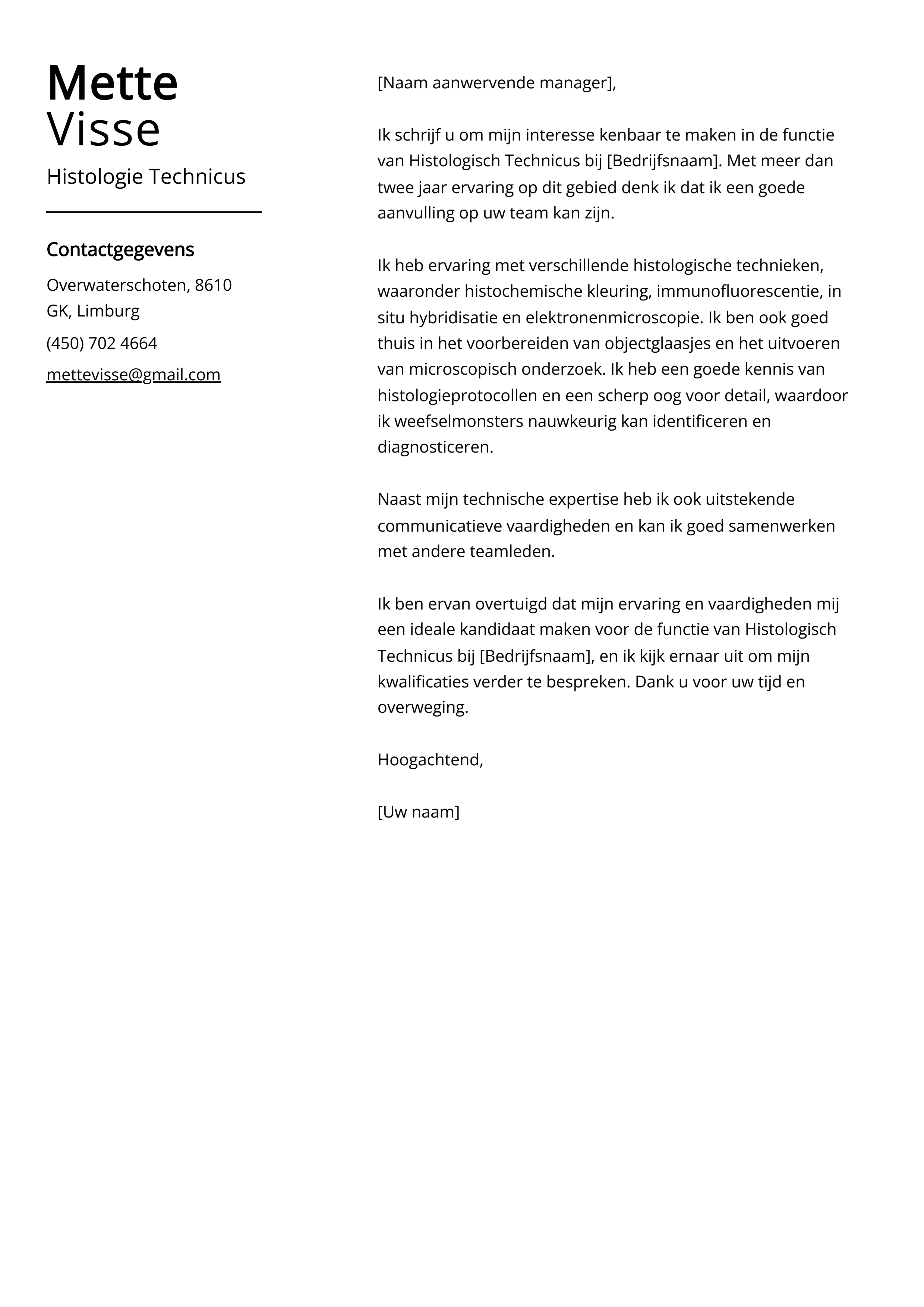 Histologie Technicus Voorbeeld sollicitatiebrief