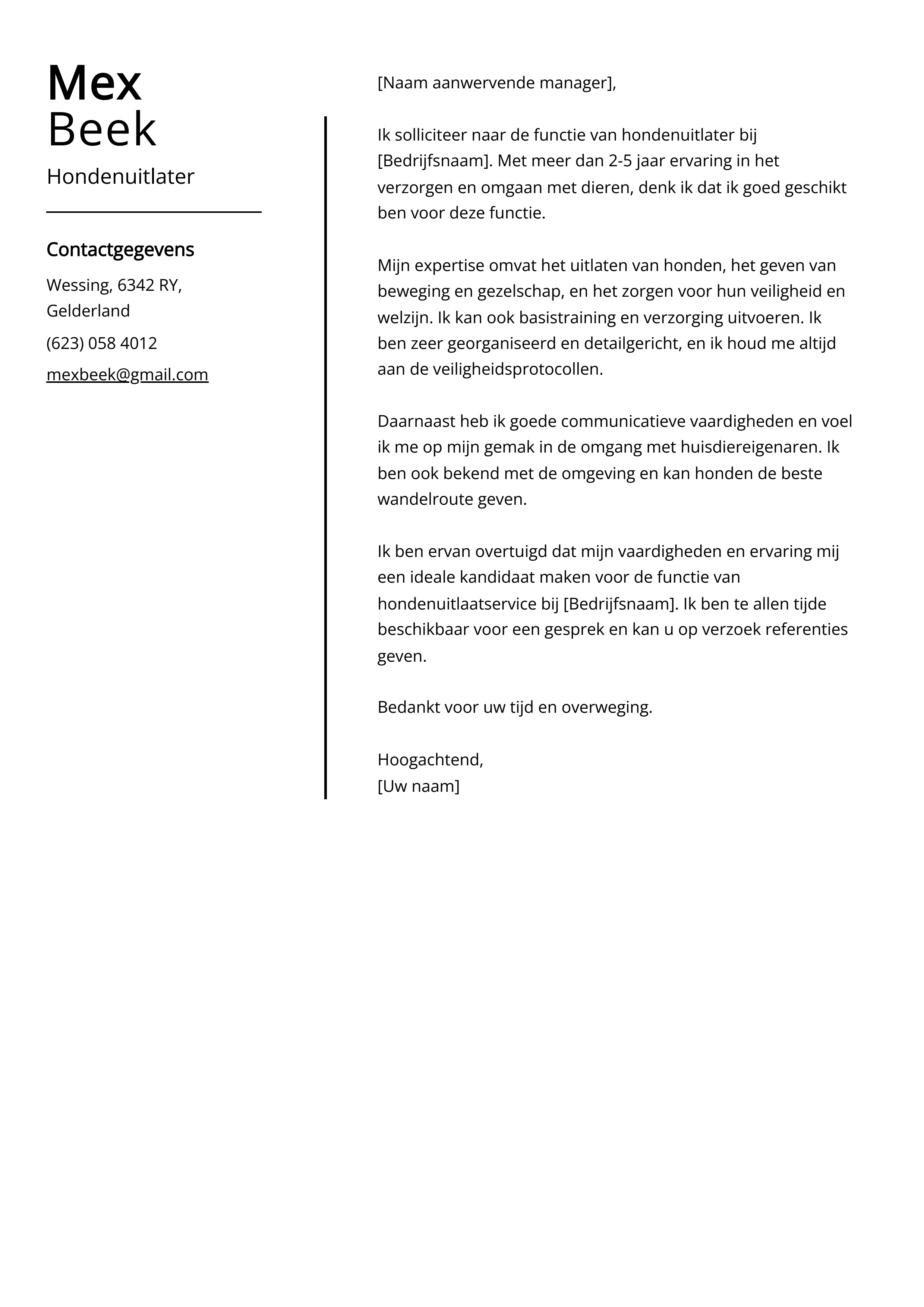 Hondenuitlater Sollicitatiebrief Voorbeeld